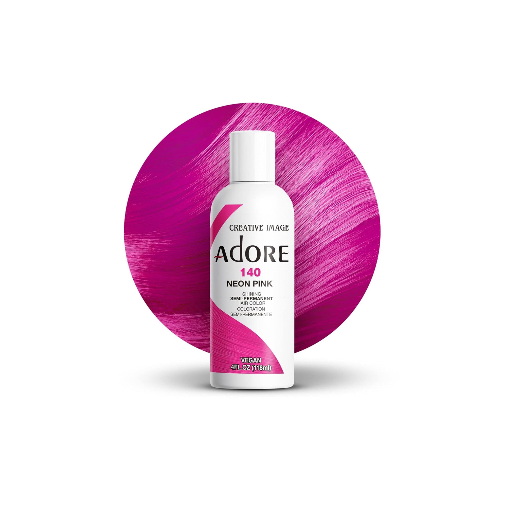 Adore Color No 140 Neon Pink hårfarveflaske foran en rund hårprøve i intens neonlyserød farve med skinnende finish.