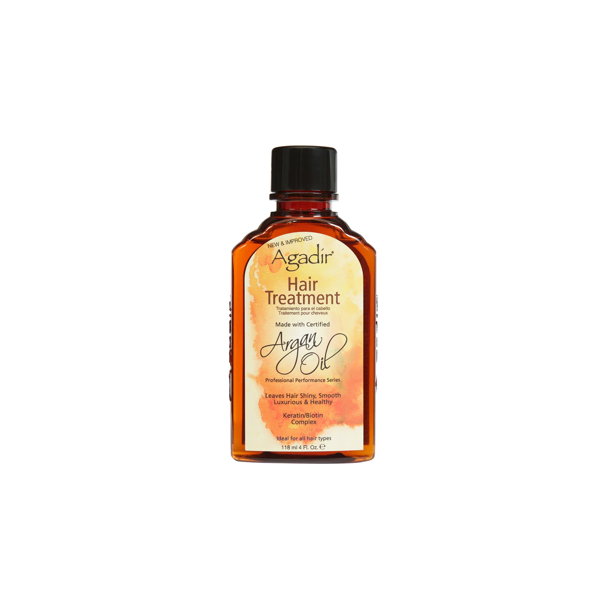 Agadir Argan Oil Hair Treatment 118ml flaske. En lille, brun glasflaske med en sort hætte. 