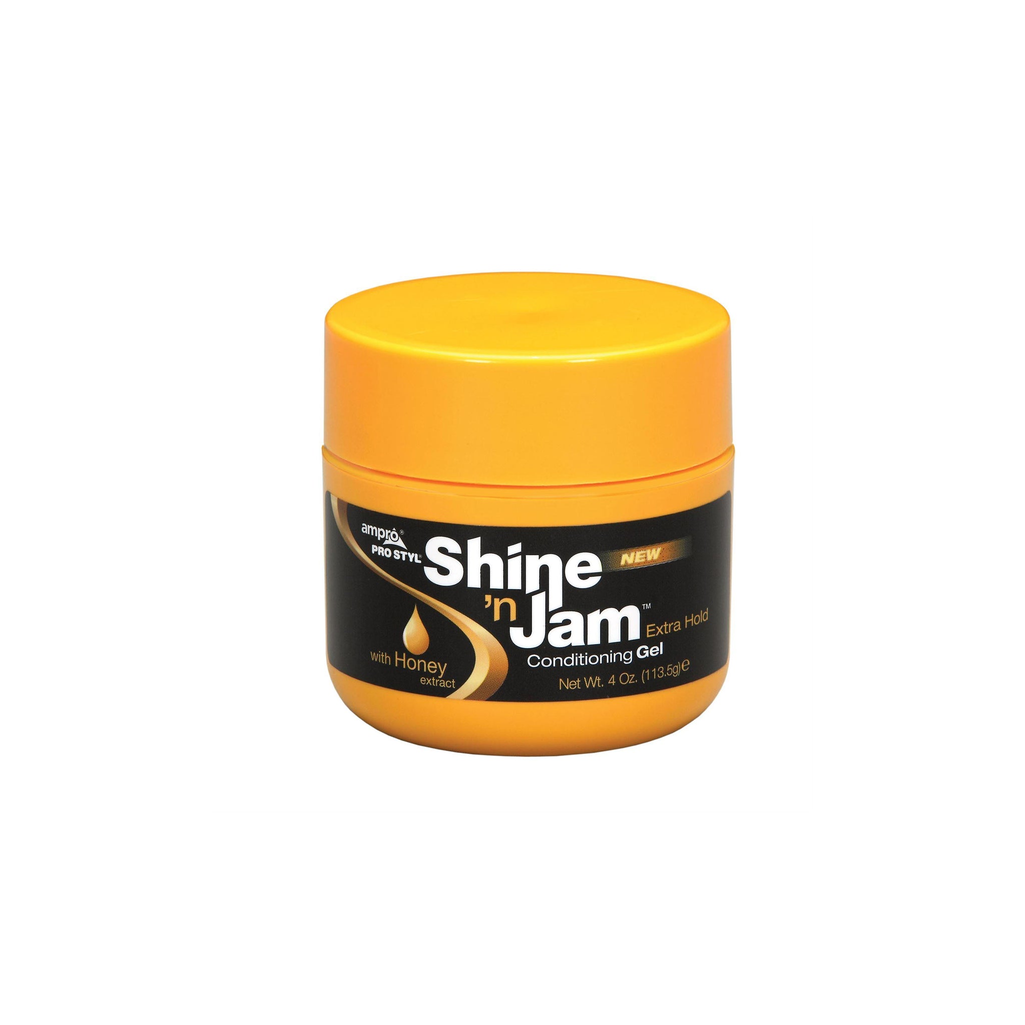 Gul plastikkrukke med Ampro Shine 'n Jam Conditioning Gel. Krukken har et sort låg og en etiket med produktoplysninger. Produktet er designet til at give håret ekstra hold og glans.