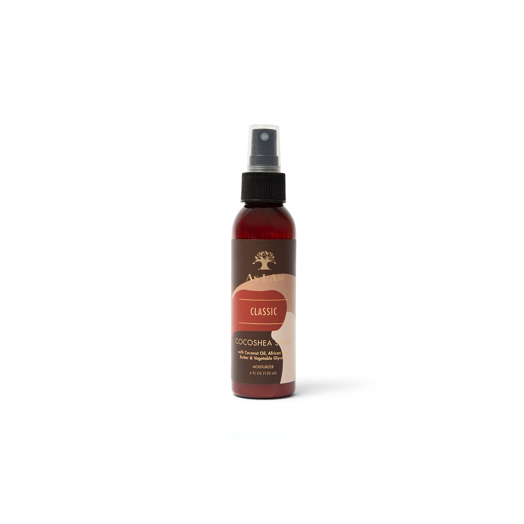 En brun sprayflaske med en etiket indeholder As I Am Classic CocoShea spray. Produktet er designet til at fugte og beskytte håret. Etiketten har et billede af en kokosnød og nævner ingredienser som kokosolien og sheasmør.