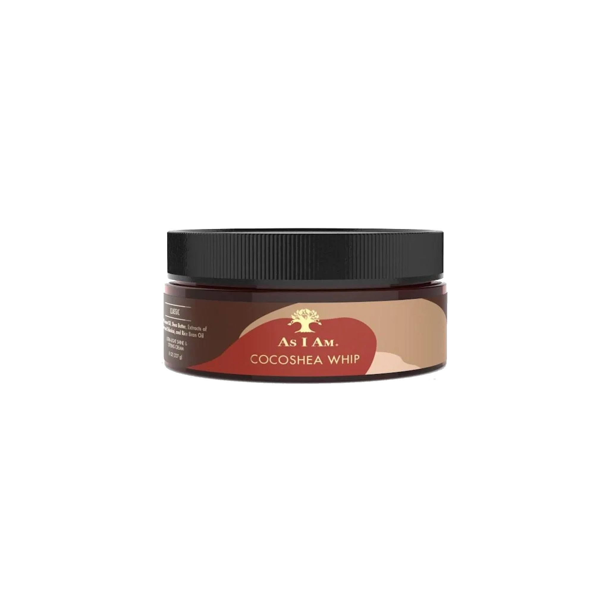 En brun plastik dåse med en etiket indeholder As I Am CocoShea Whip. Produktet er en leave-in conditioner til krøllet hår og har en cremet konsistens