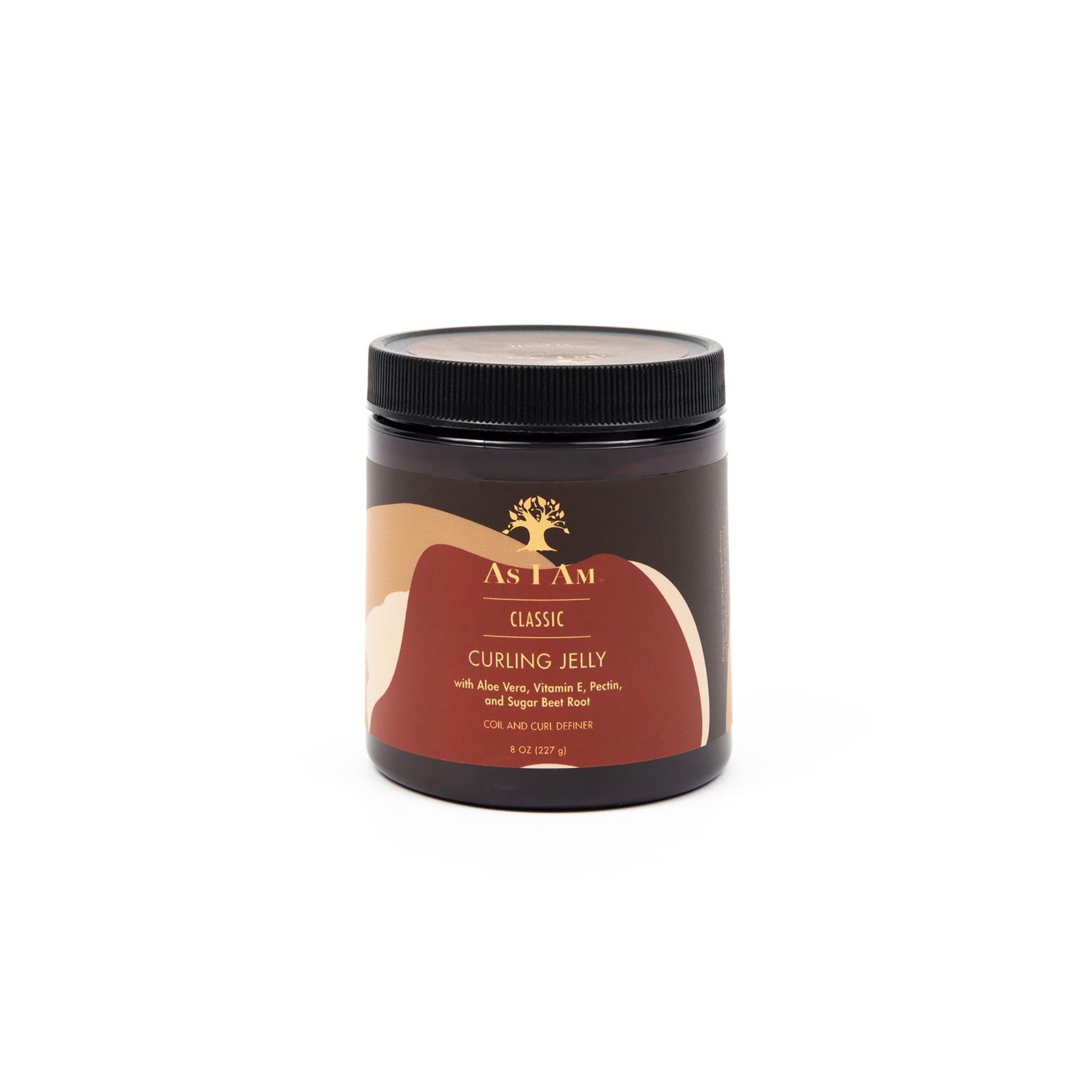En brun plastik dåse med en etiket der indeholder As I Am Curling Jelly. Produktet er en stylingcreme til krøllet hår og har en geléagtig konsistens.