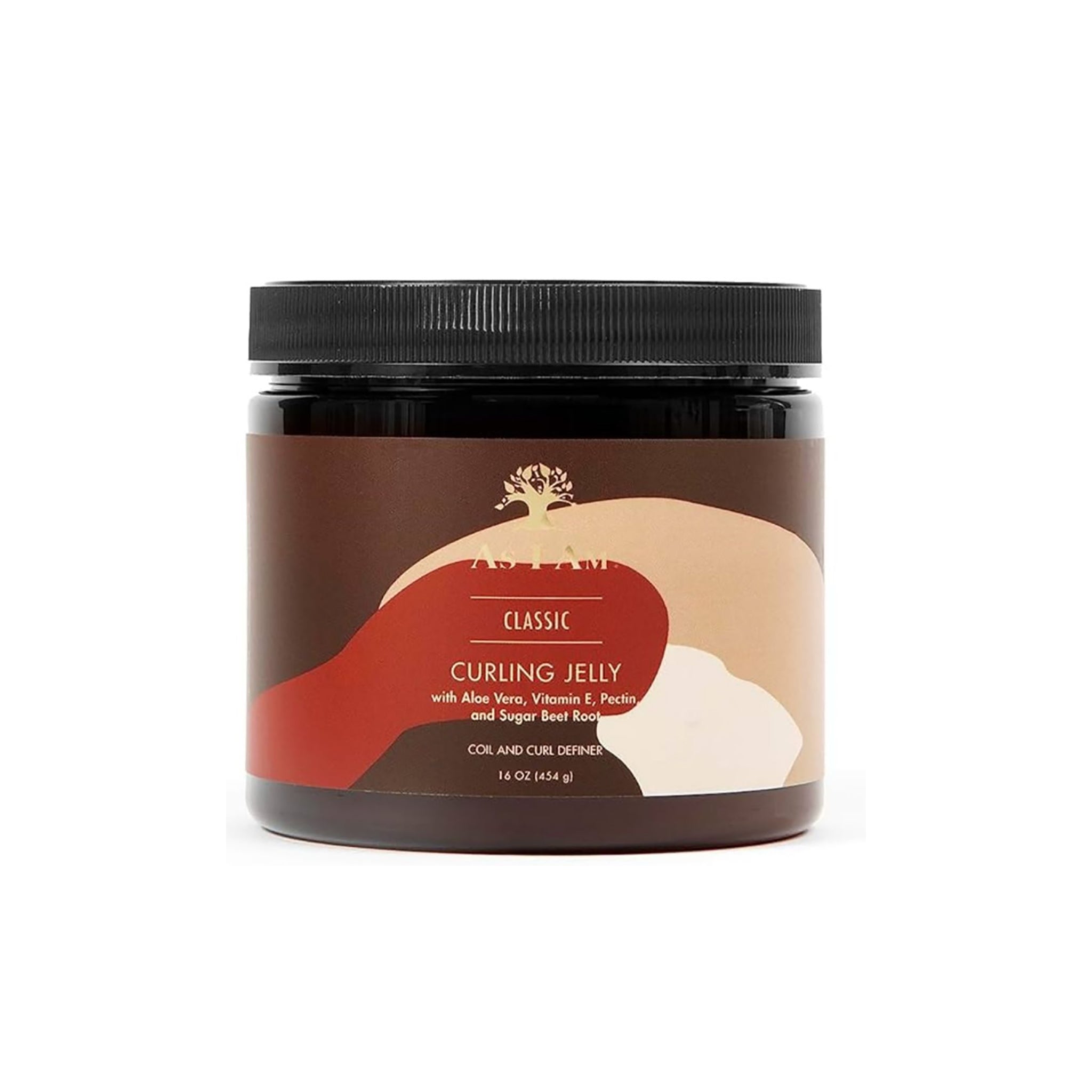 En brun dåse i plastik med en etiket står på en lys baggrund. Den indeholder As I Am Curling Jelly og har et billede af et træ på etiketten. Produktet er en stylingcreme til krøllet hår.