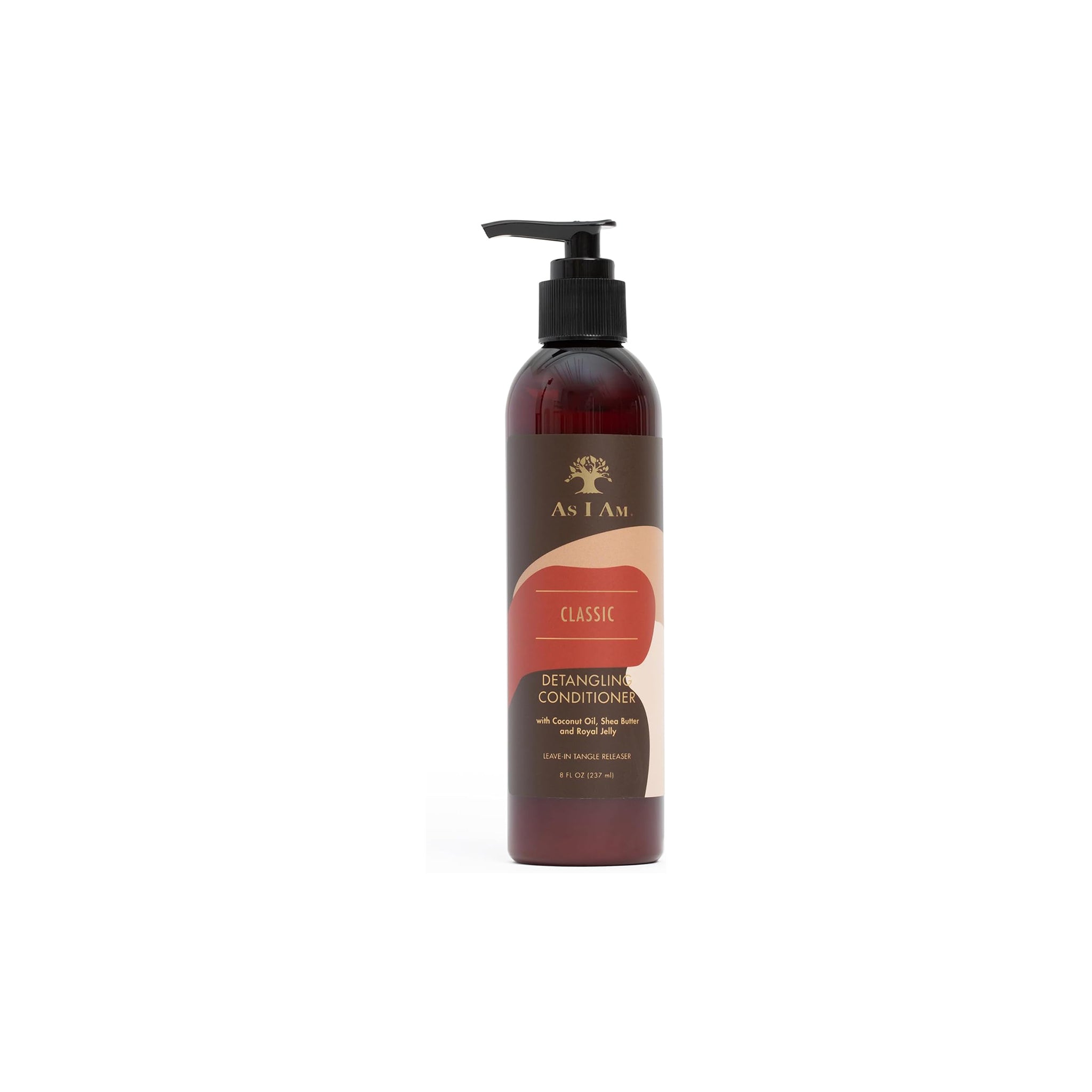 En flaske med en brun pumpe står på en hvid baggrund. Flasken indeholder As I Am Classic Detangling Conditioner og har en brun etiket med gul skrift.