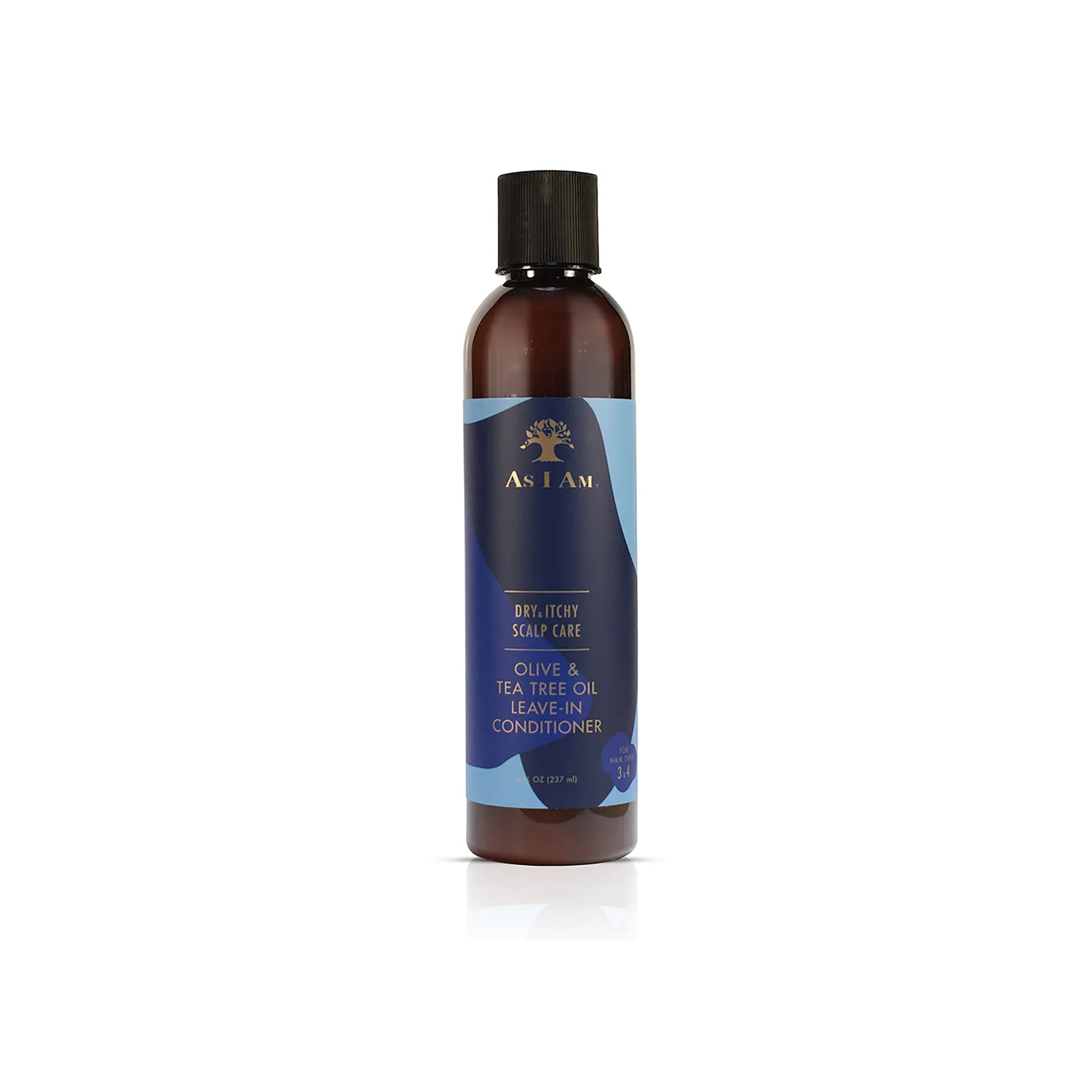 Flaske med As I Am Dry & Itchy Scalp Care Leave-In Conditioner med olivenolie og tea tree olie til pleje af tør og kløende hovedbund.