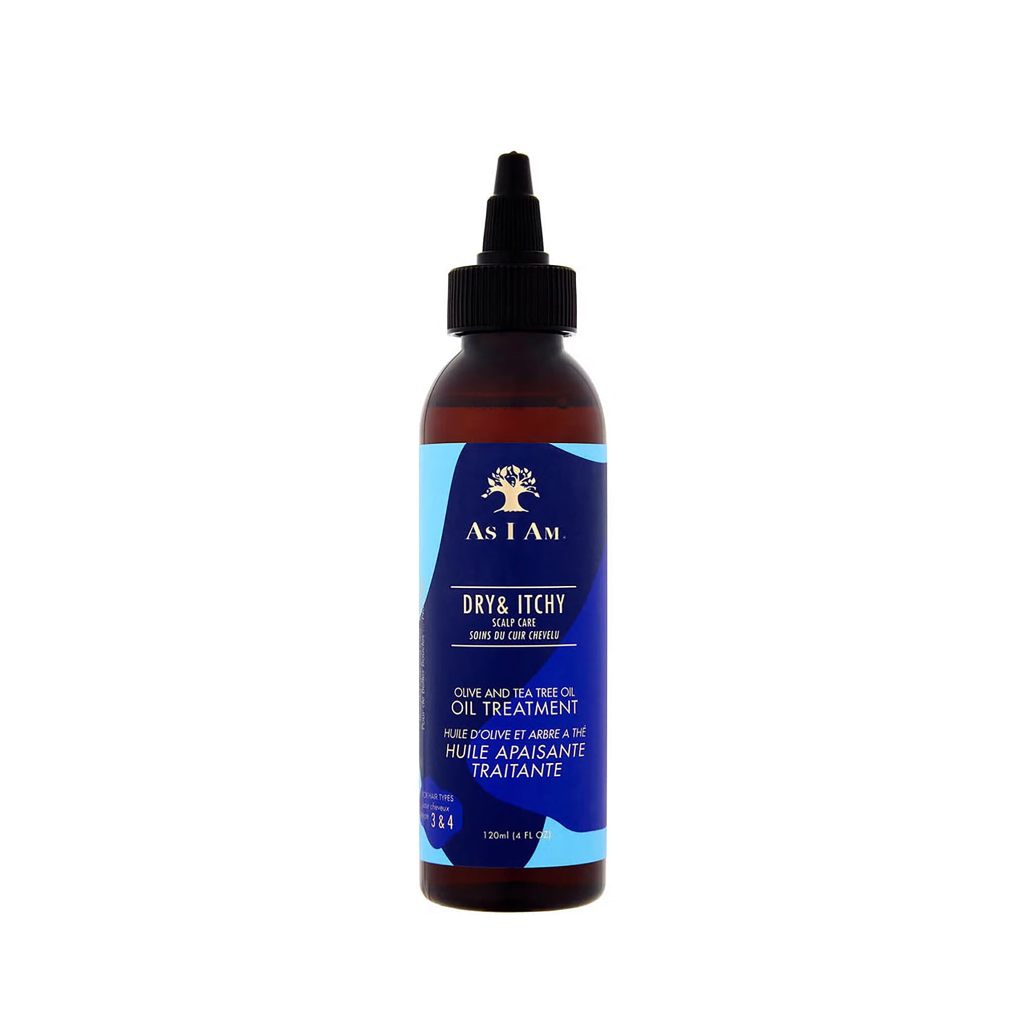Flaske med As I Am Dry & Itchy Scalp Care Oil Treatment med olivenolie og tea tree olie til tør og kløende hovedbund.