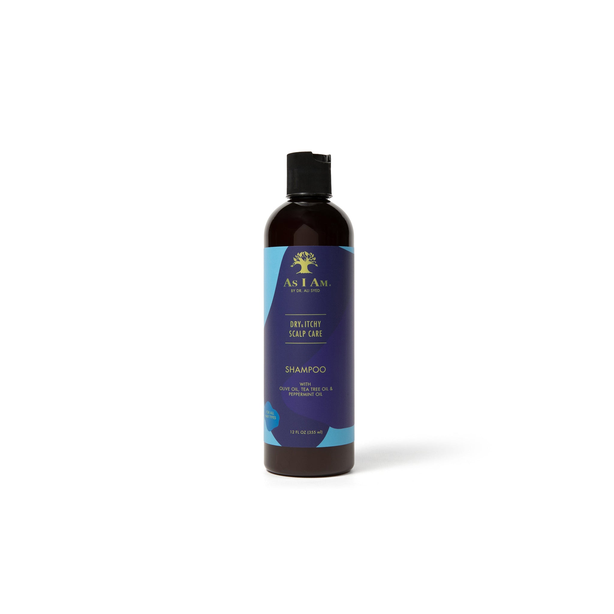 Flaske med As I Am Dry & Itchy Scalp Care Shampoo til tør og kløende hovedbund.