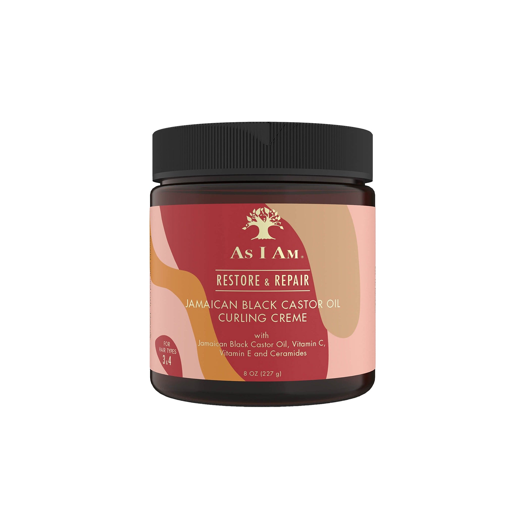 As I Am Jamaican Black Castor Oil Curling Creme (227 g) med en beige og lyserød etiket.