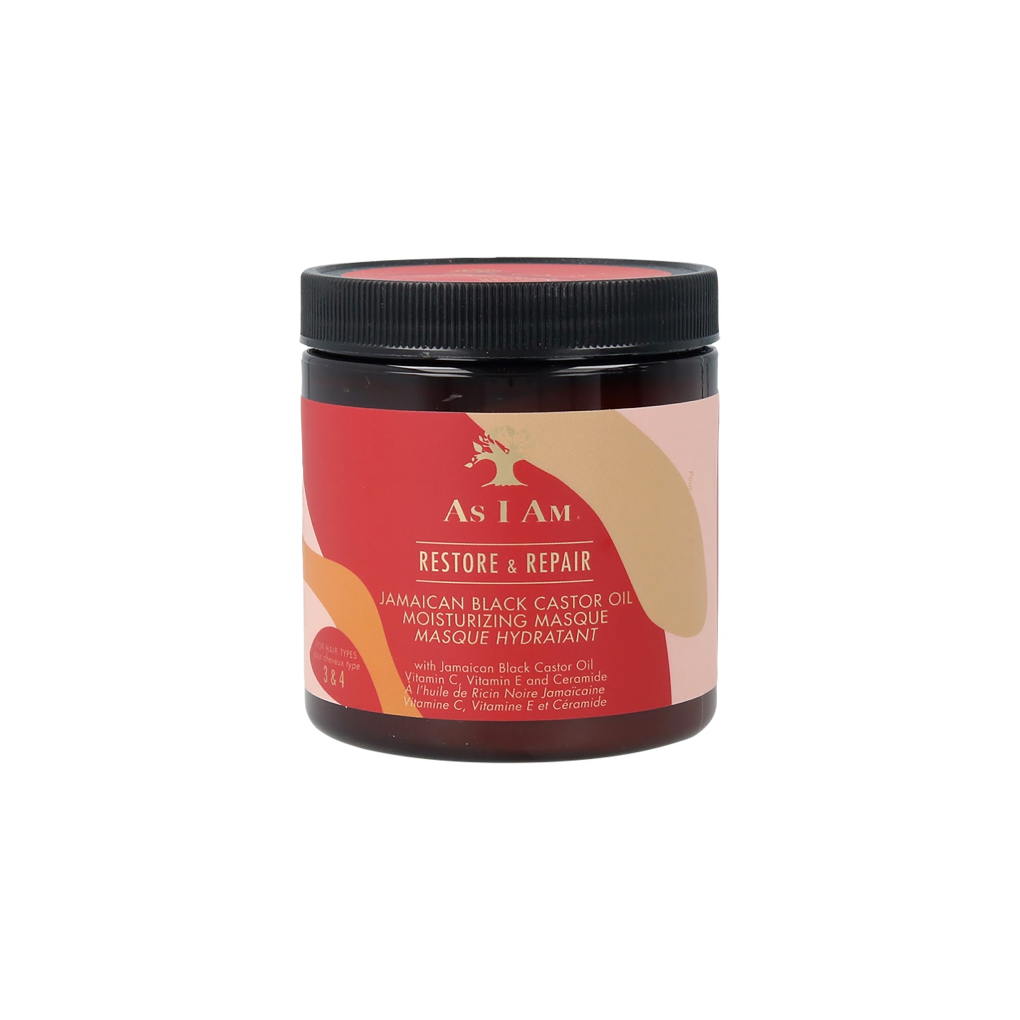 As I Am Jamaican Black Castor Oil Moisturizing Masque (227 g) med en lyserød og beige etiket, der viser produktnavnet og beskrivelse på både engelsk og fransk.