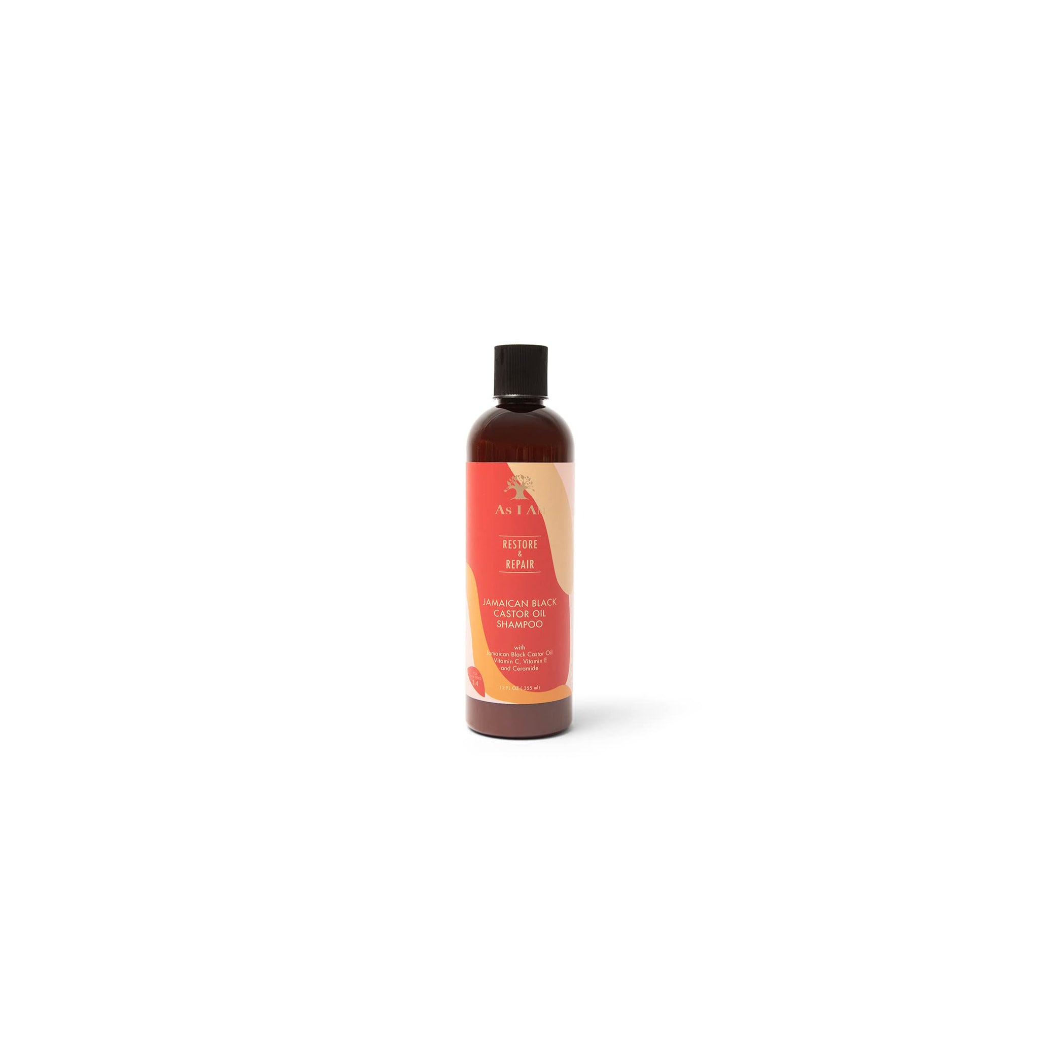 As I Am Jamaican Black Castor Oil Shampoo 355ml. En brun plastikflaske med en sort skruekappe står mod en neutral baggrund.