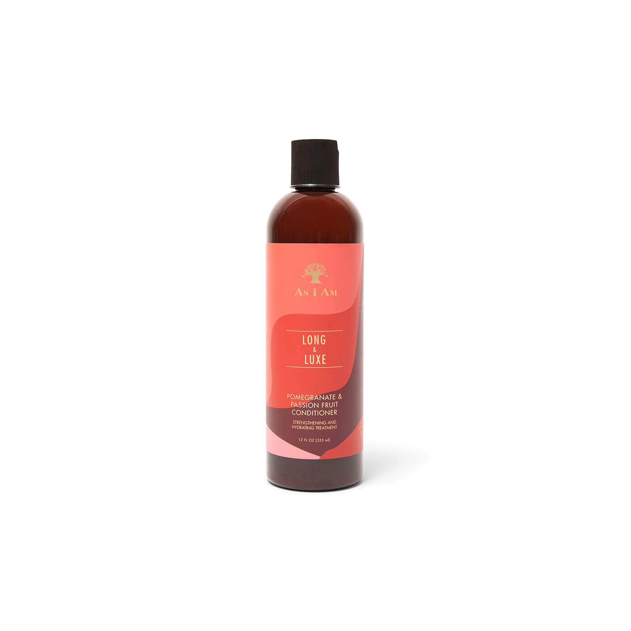 En mørk flaske As I Am Long & Luxe Conditioner (355 ml) med en lyserød etiket, der viser produktnavnet.