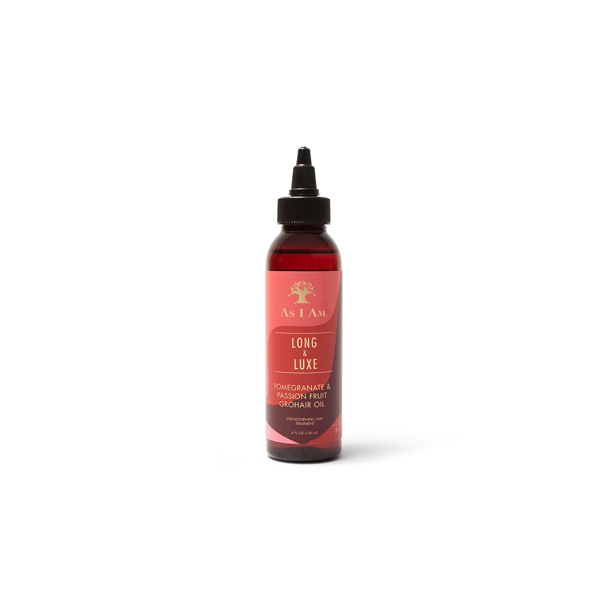 En mørk flaske As I Am Long & Luxe GroHair Oil (120 ml) med en lyserød etiket, der viser produktnavnet.