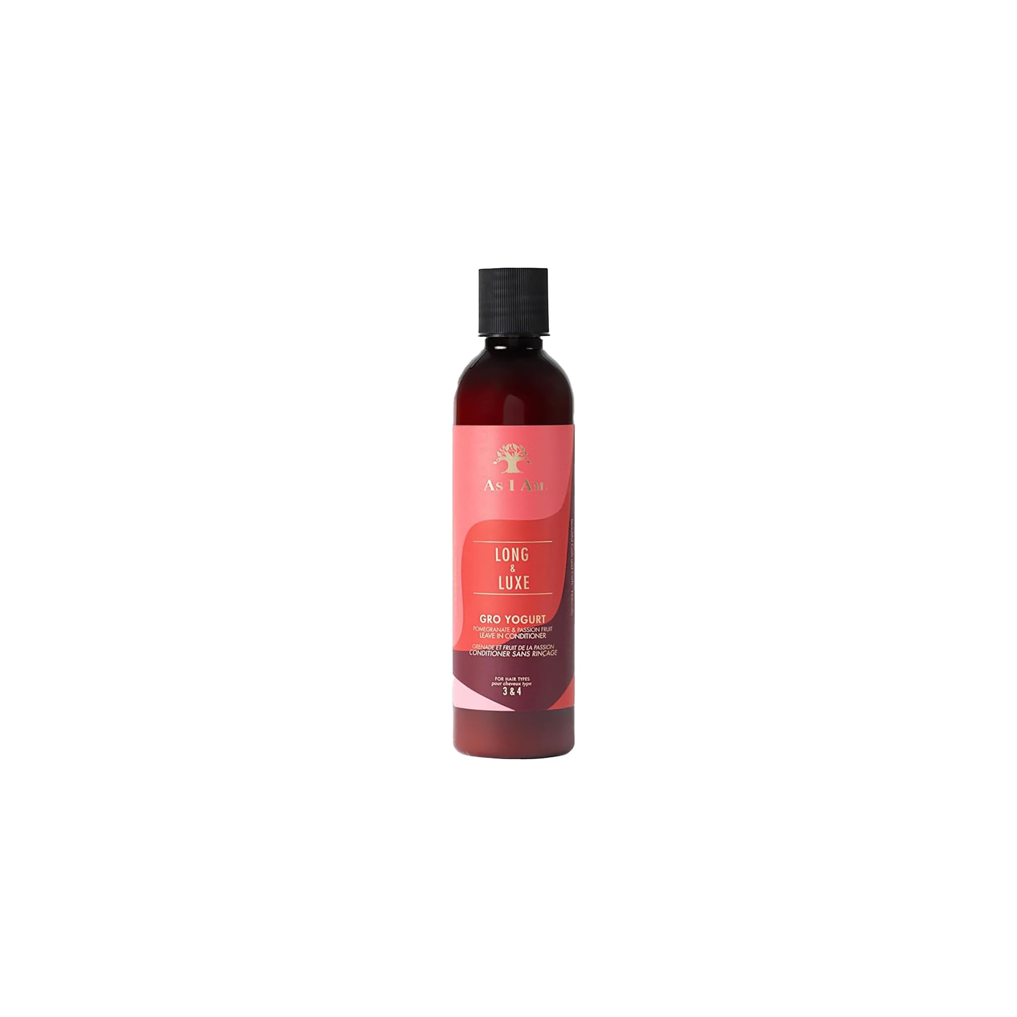 En brun flaske As I Am Long & Luxe GroYogurt Leave-in Conditioner (237 ml) med en lyserød etiket, der viser produktnavnet "Long & Luxe GroYogurt".