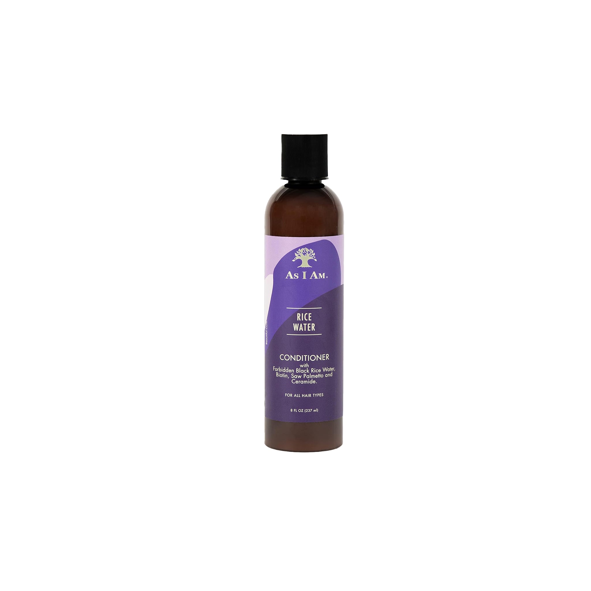 En brun flaske As I Am Rice Water Conditioner (237 ml) med lilla etiket, der viser produktnavn, ingredienser og mængde.