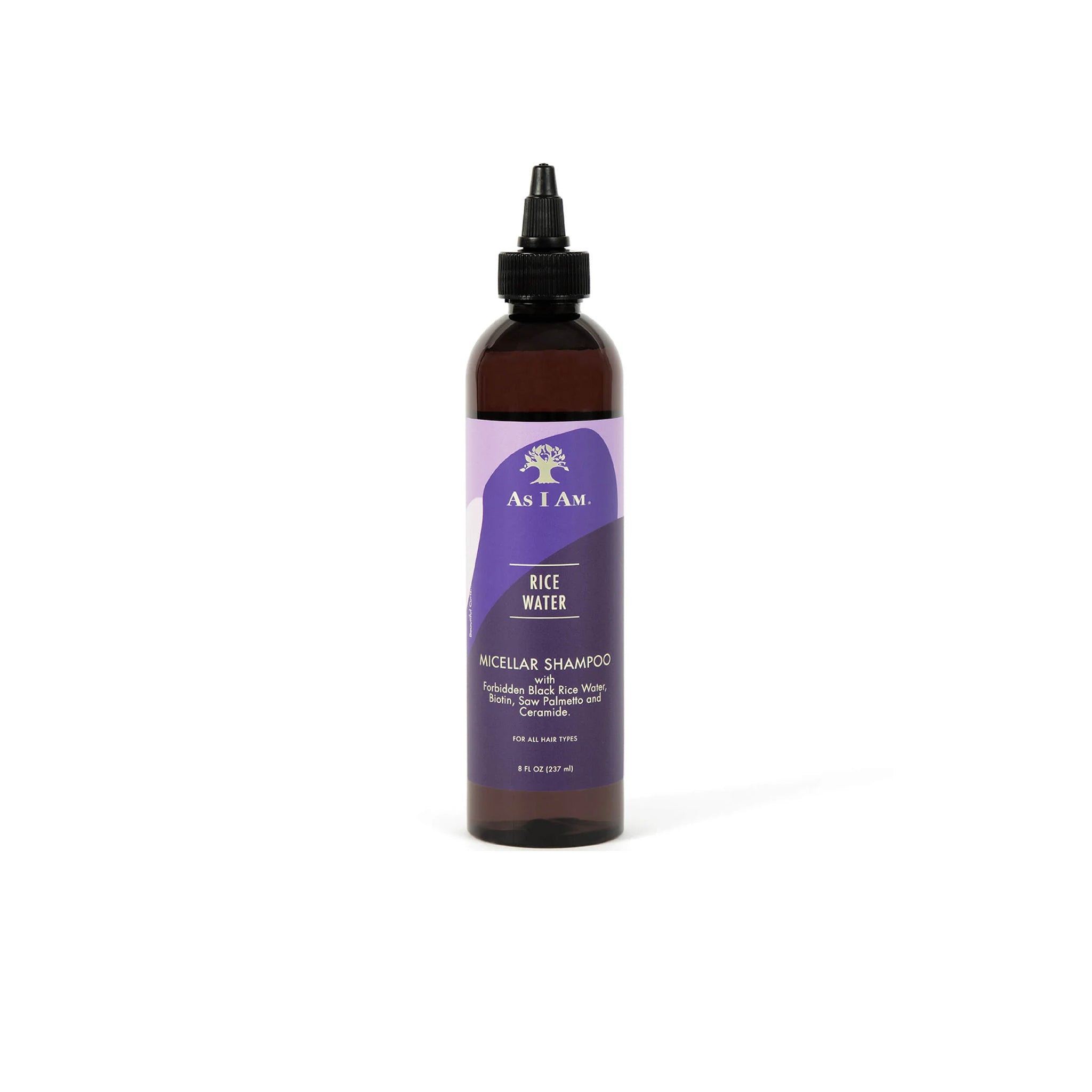 En brun flaske As I Am Rice Water Micellar Shampoo (237 ml) med lilla etiket, der viser produktnavn og kort beskrivelse.