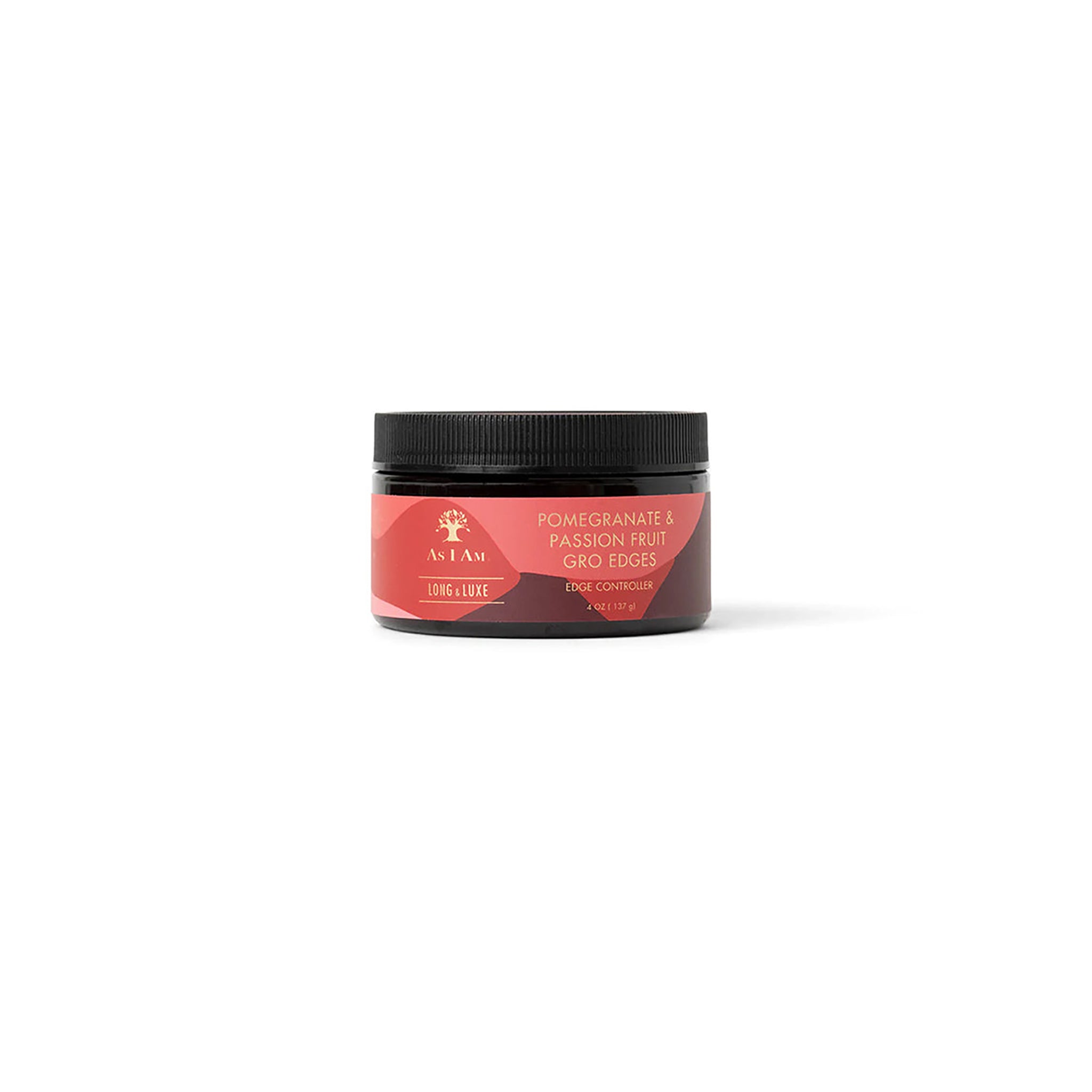 En sort beholder As I Am Long & Luxe GroEdges (113 g) med en lyserød etiket, der viser produktnavnet "GroEdges" og teksten "Edge Controller".