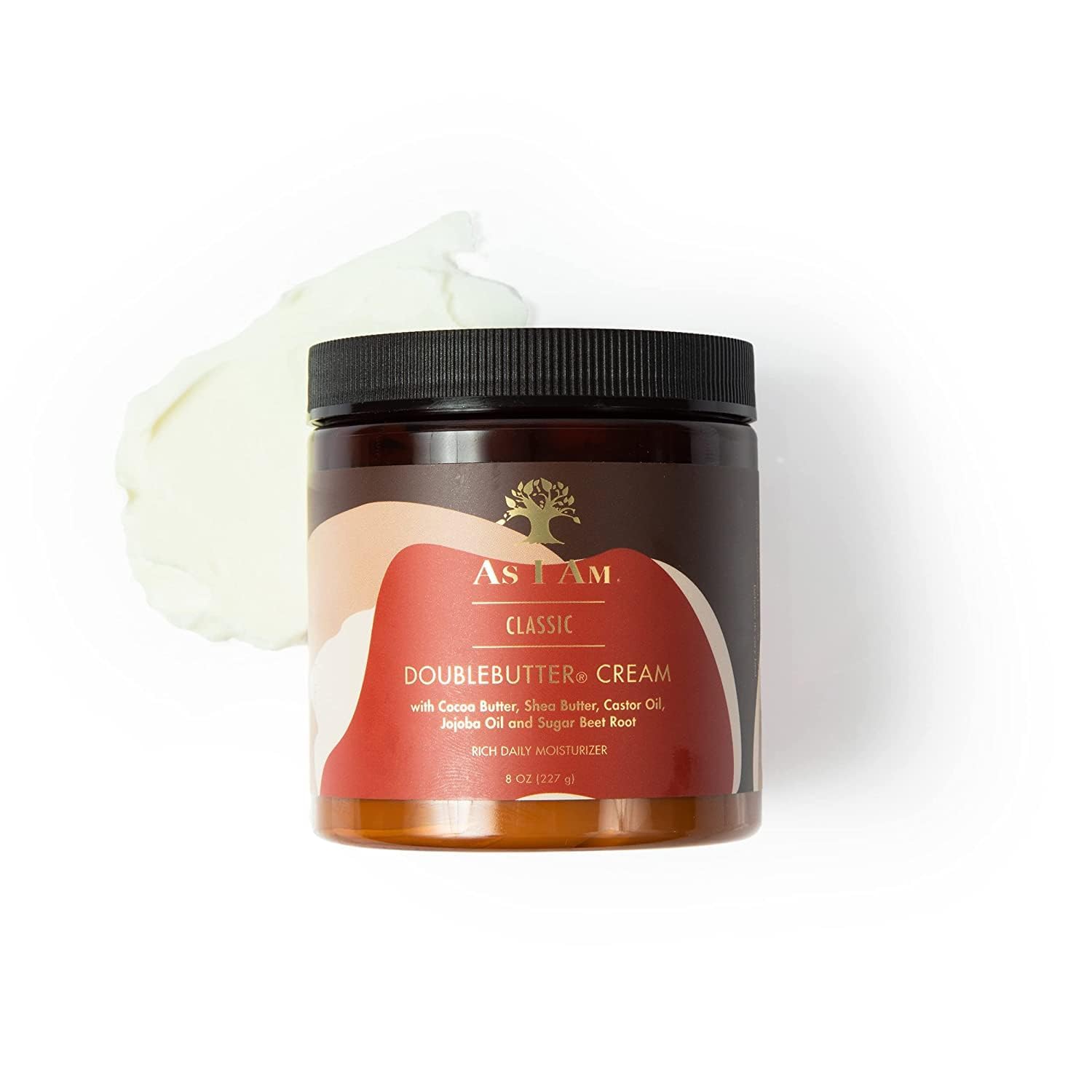 En brun dåse i plast med et sort låg fyldt med doubblebutter creme. Har en brun etiket med gul skrift og viser navnet "As I Am DoubleButter Cream".