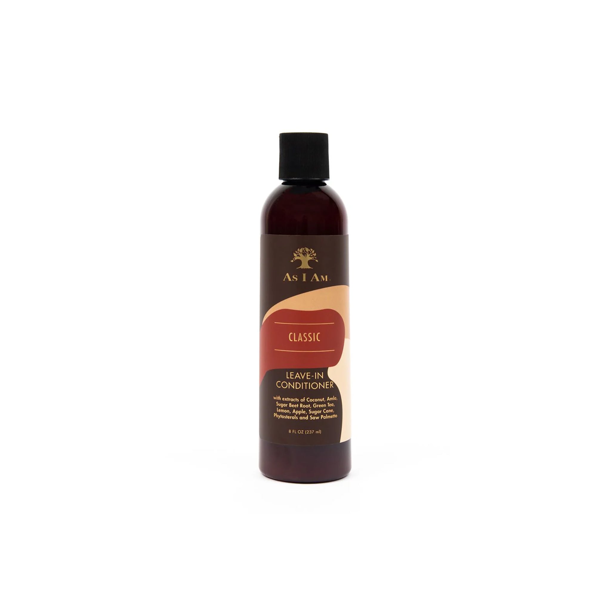 As I Am Classic Leave-In Conditioner (237 ml). Brun flaske med sort låg og beige/rød etiket med tekst.
