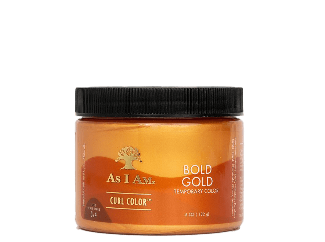 En beholder med As I Am Curl Color Temporary Color Gel i den levende, gyldne nuance Bold Gold. 