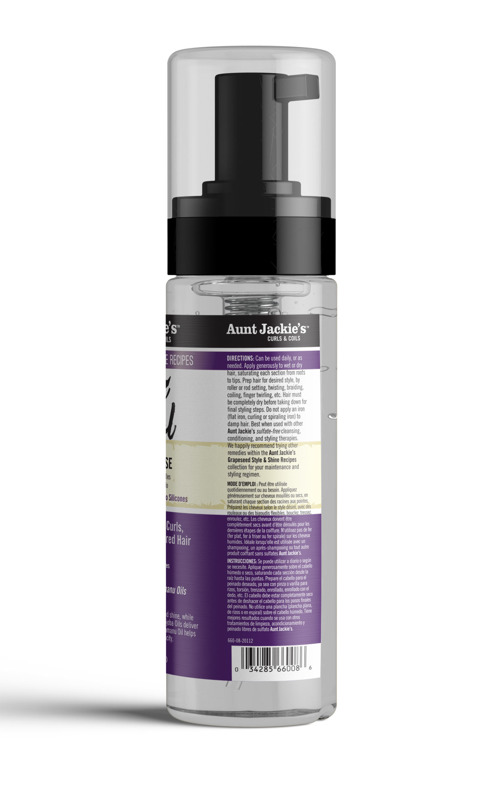 Bagsiden af en flaske Aunt Jackie's Frizz Patrol Anti-Poof Setting Mousse. Etiketten indeholder information om produktets fordele, ingredienser og brugsanvisning.