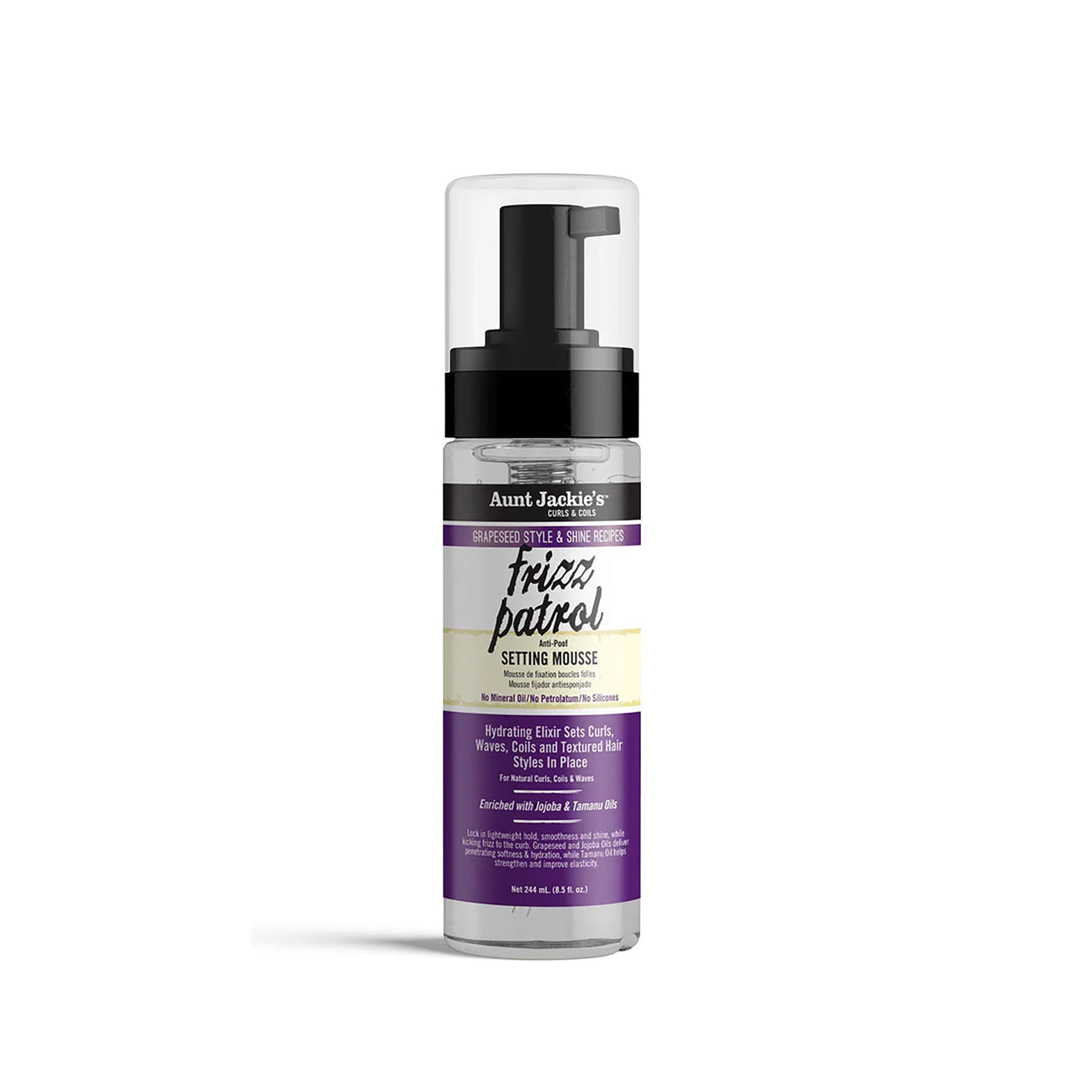Flaske med Aunt Jackie's Frizz Patrol Anti-Poof Setting Mousse til krøllet og tekstureret hår. 