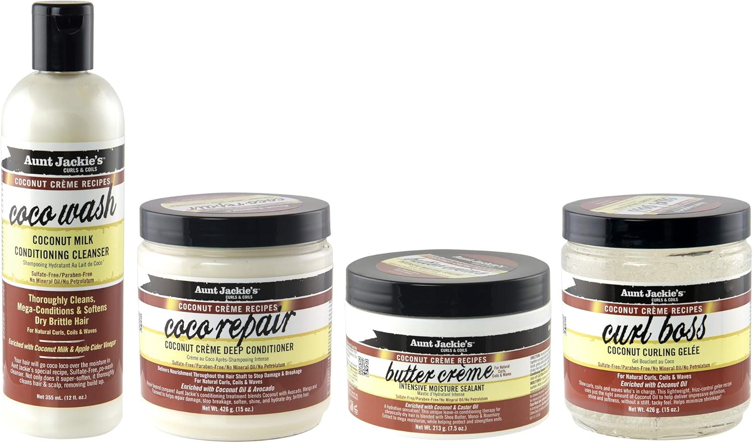 Aunt Jackie's Coconut Crème Recipes-serie: Coco Wash rens, Coco Repair dybdegående balsam, Butter Crème fugtighedscreme og Curl Boss stylinggelé.