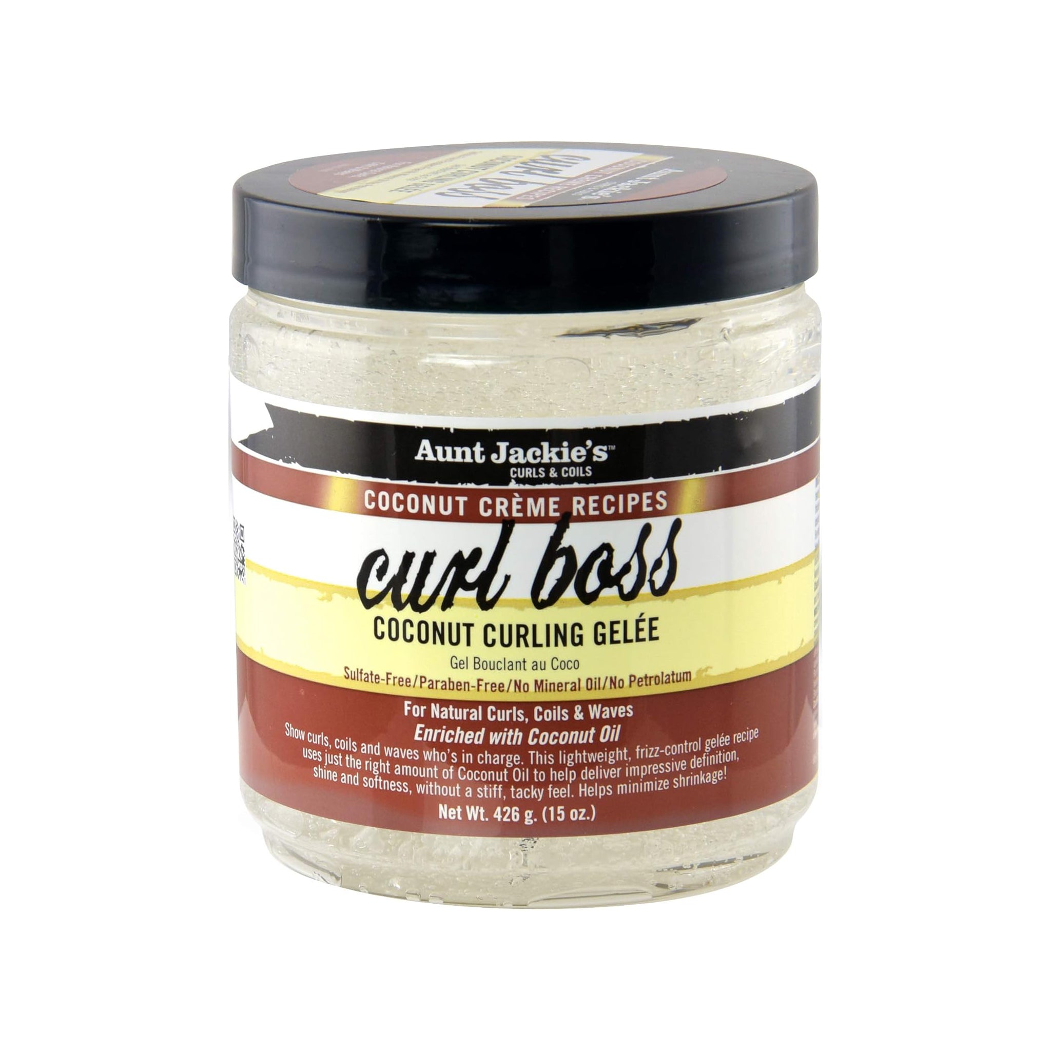 Aunt Jackie's Curl Boss Coconut Curling Gelée i klar plastkrukke med sort låg.