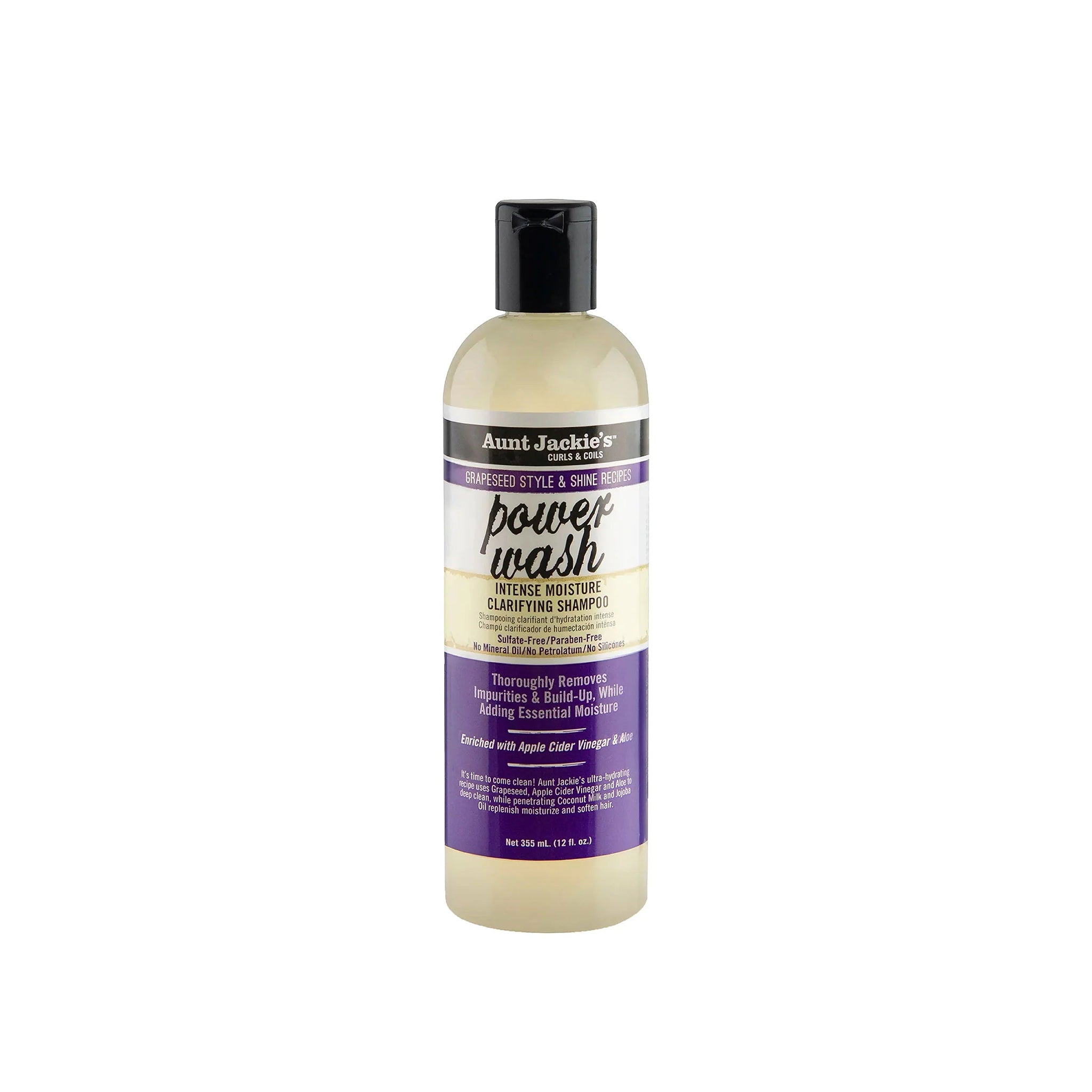 Aunt Jackie's Power Wash Intense Moisture Clarifying Shampoo i en klar flaske med sort låg. 