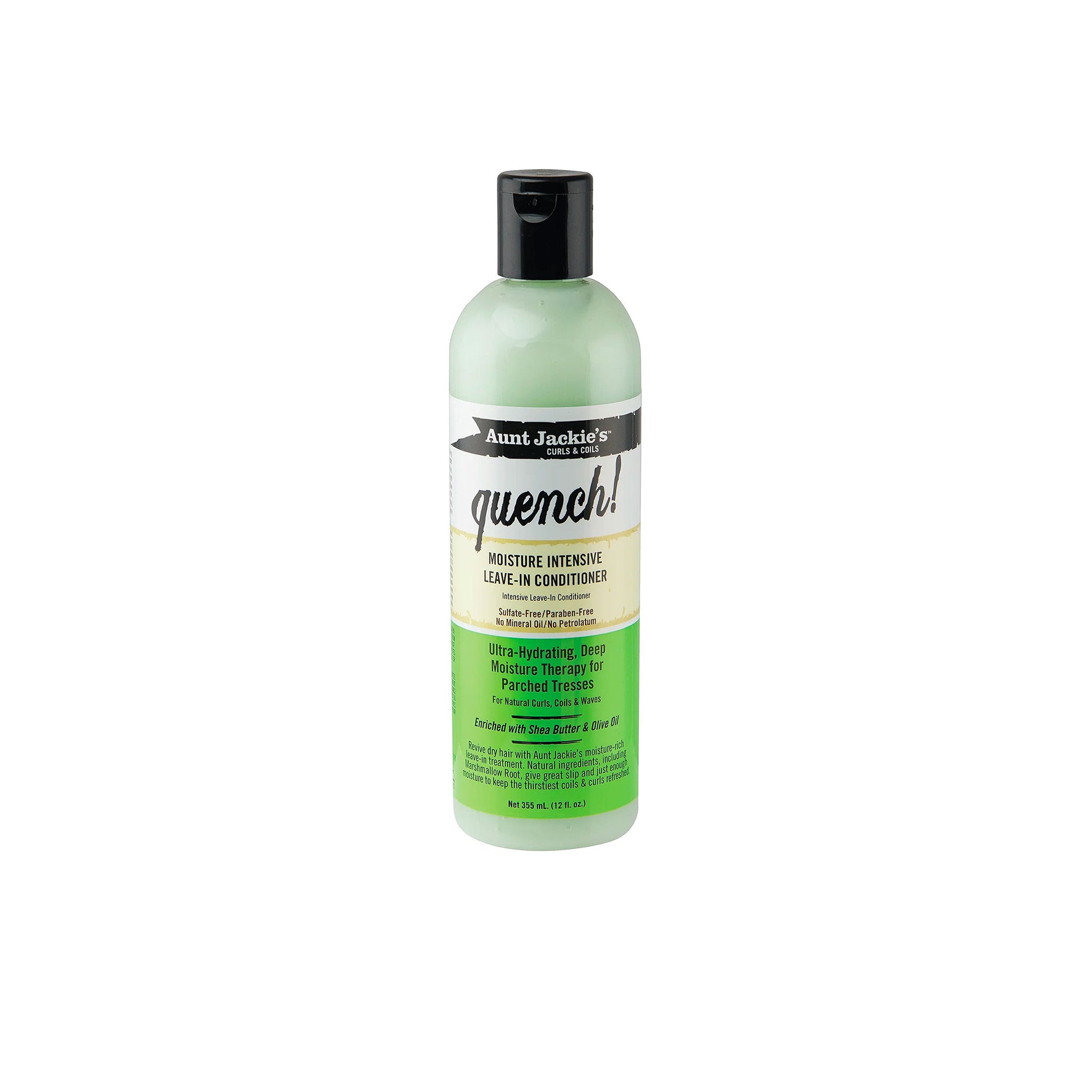 Aunt Jackie's Quench Moisture Intensive Leave-In Conditioner i klar flaske med sort låg.