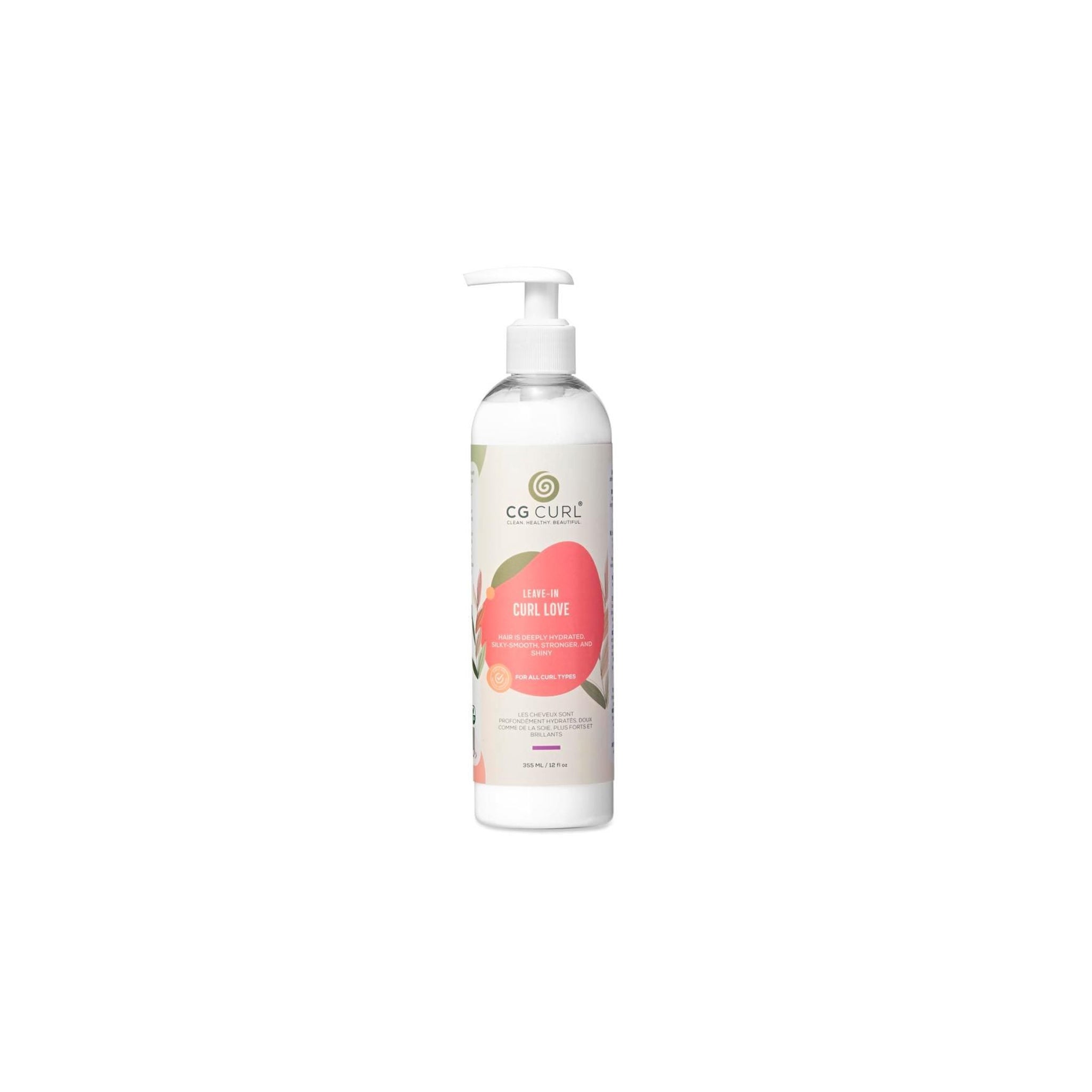 Flaske med CG Curl Leave-In Curl Love med hvid pumpe.