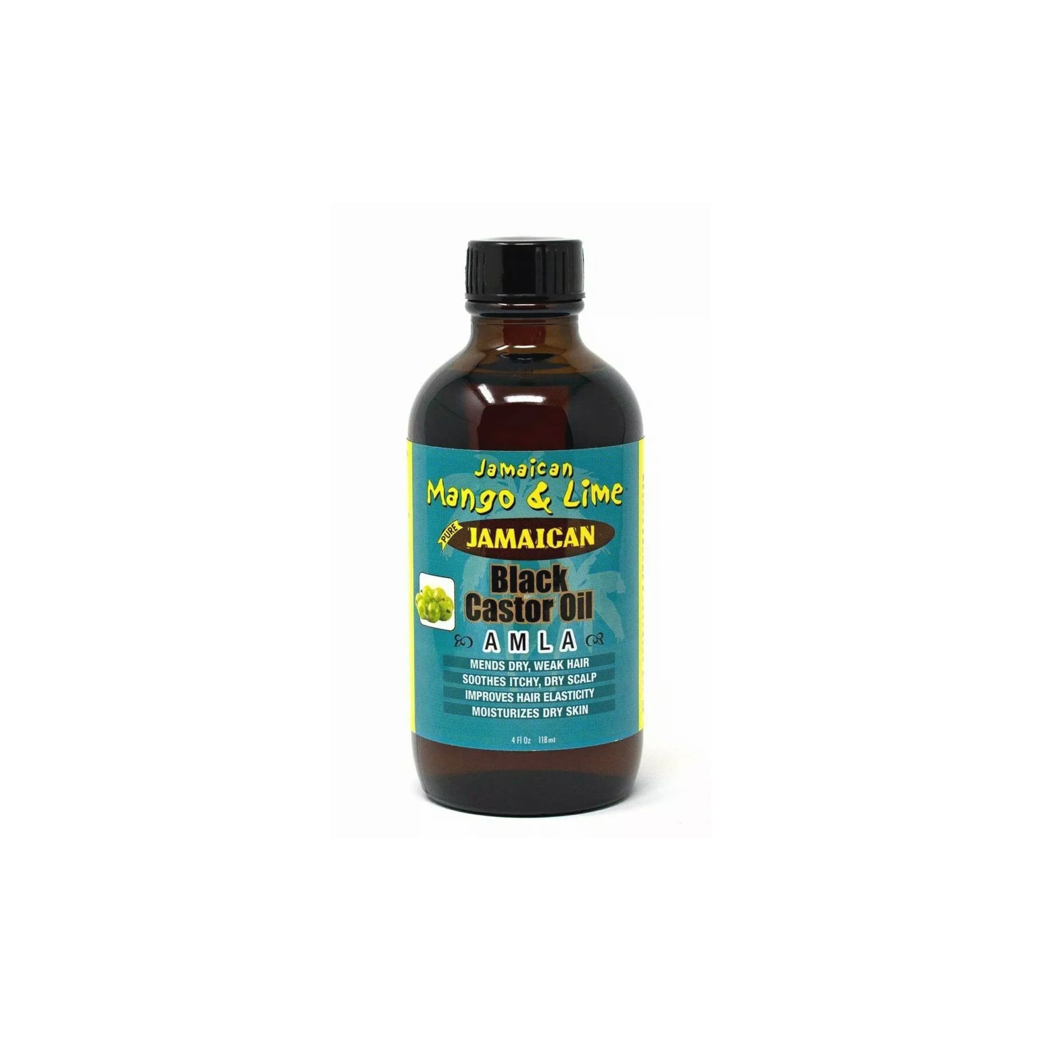 118 ml flaske Jamaican Mango & Lime Black Castor Oil Amla med sort låg og gul etiket.