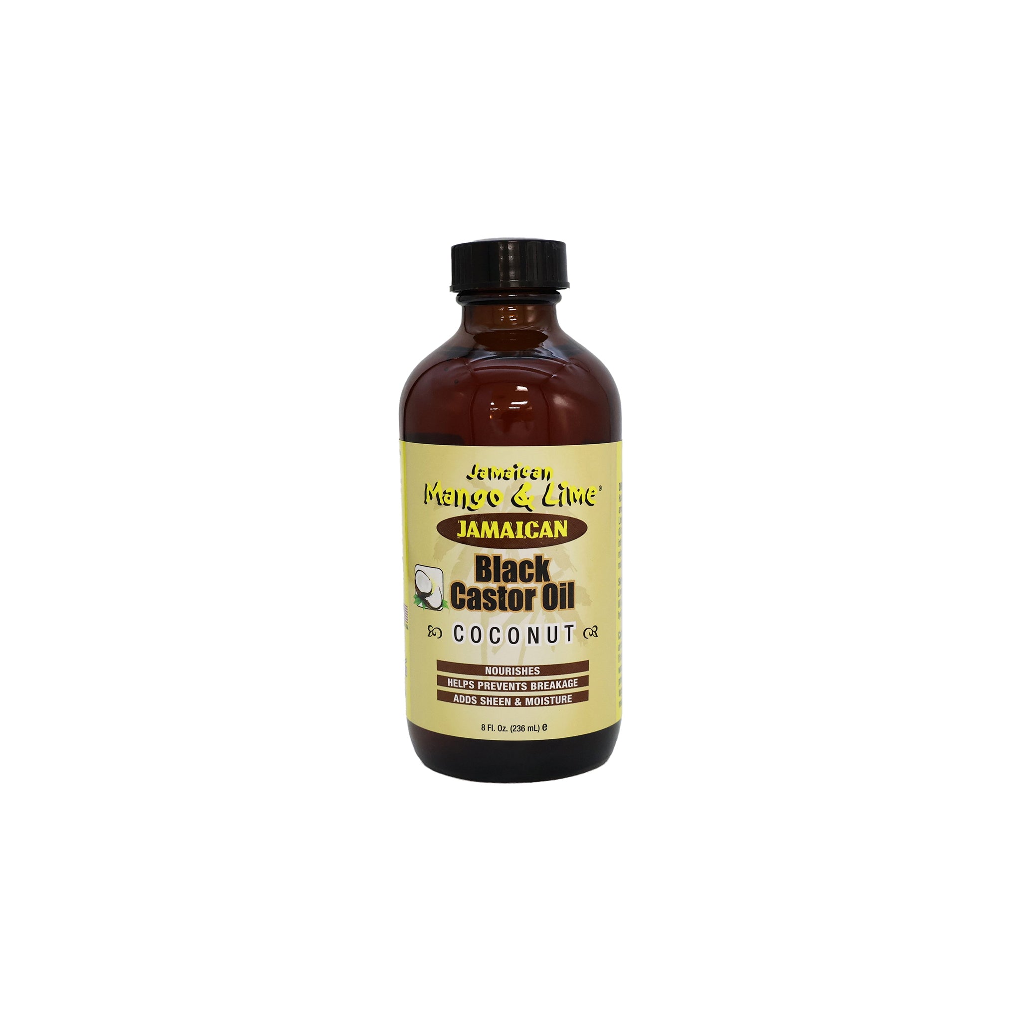 236 ml flaske Jamaican Mango & Lime Black Castor Oil Coconut med sort låg og cremefarvet etiket.