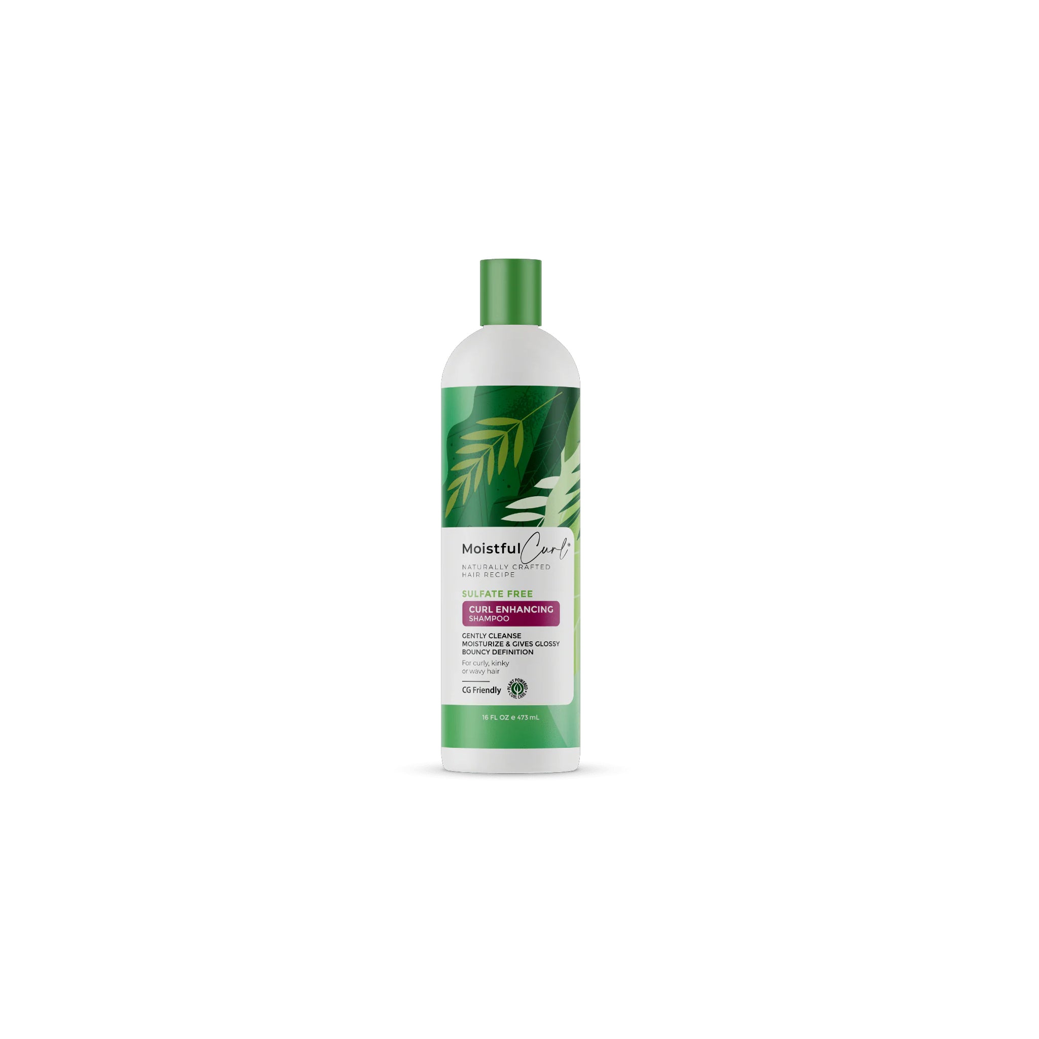 Hvid flaske med grønt låg og grøn etiket med hvide blade, der indeholder Moistful Curl Sulfate Free Curl Enhancing Shampoo (473 ml).