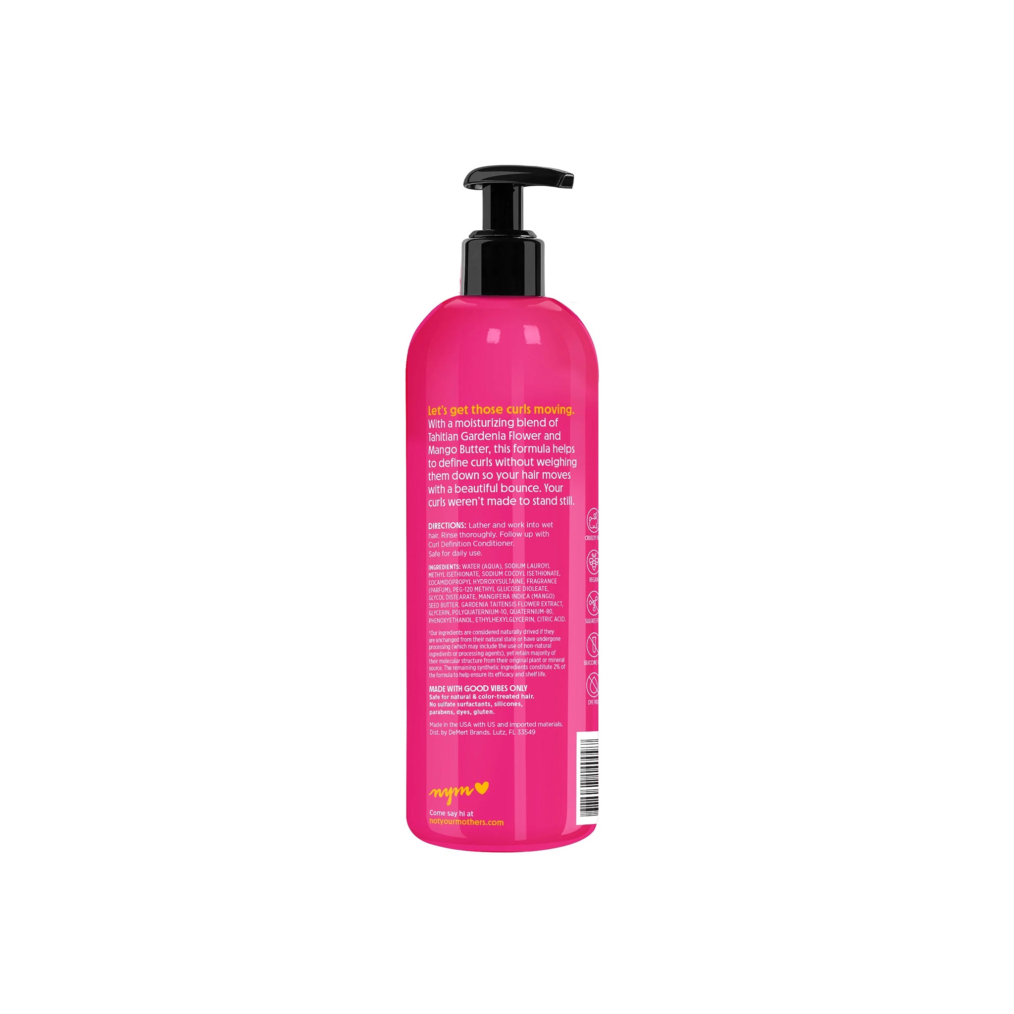 Bagside af Not Your Mother's Naturals Tahitian Gardenia Flower & Mango Butter shampoo med produktbeskrivelse.