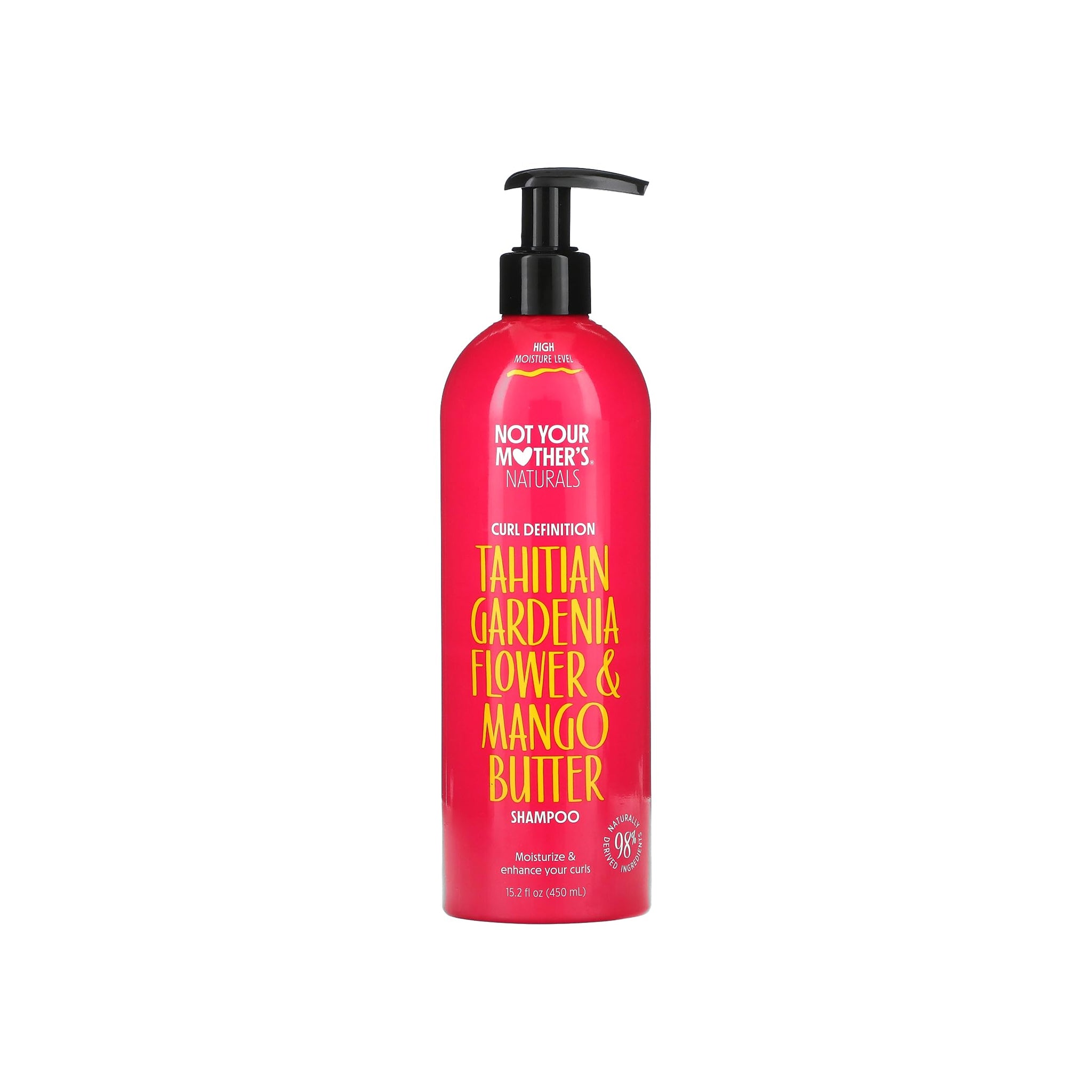 En rød flaske med sort pumpe indeholdende Not Your Mother's Naturals Tahitian Gardenia Flower & Mango Butter Curl Defining Shampoo.