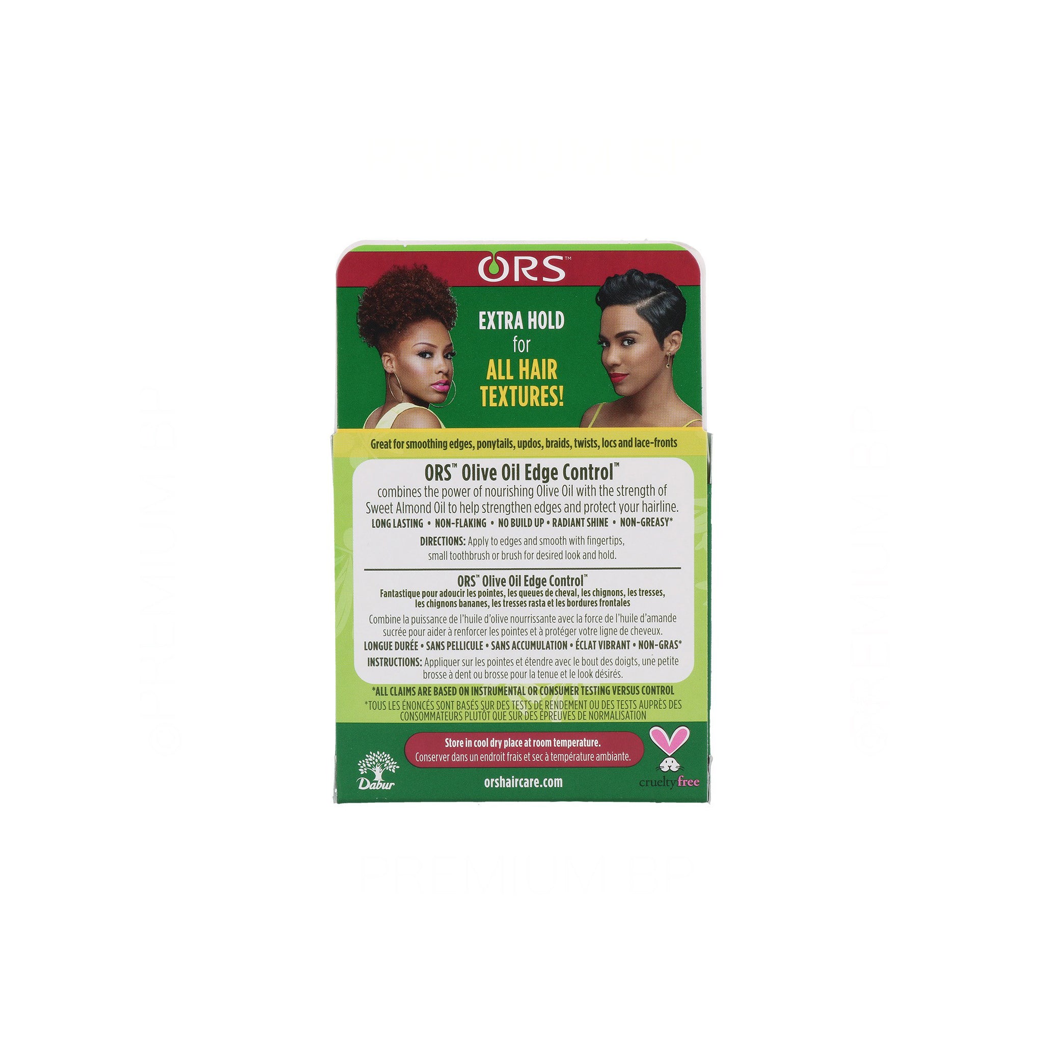 ORS Olive Oil Edge Control (64g) sidevisning: Beskrivelse af fordele (ekstra hold, glans, pleje), brugsanvisning på engelsk/fransk og Dabur/Cruelty Free logoer.