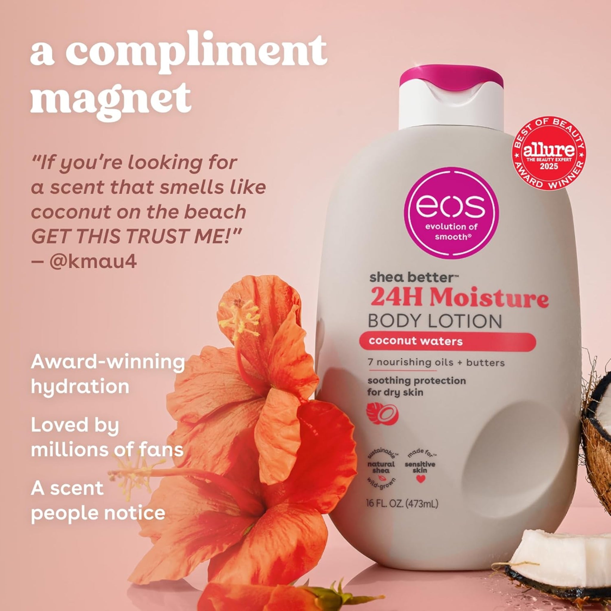 eos Shea Better 24H Moisture Body Lotion i coconut waters-duft ved siden af orange hibiskusblomst og friskskåret kokosnød.