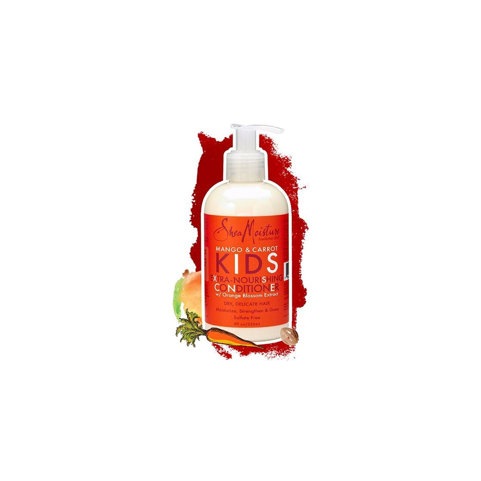 Billede af Shea Moisture Mango & Carrot Kids Conditioner, der viser en hvid flaske med orange etiket, omgivet af en mango og en gulerod.