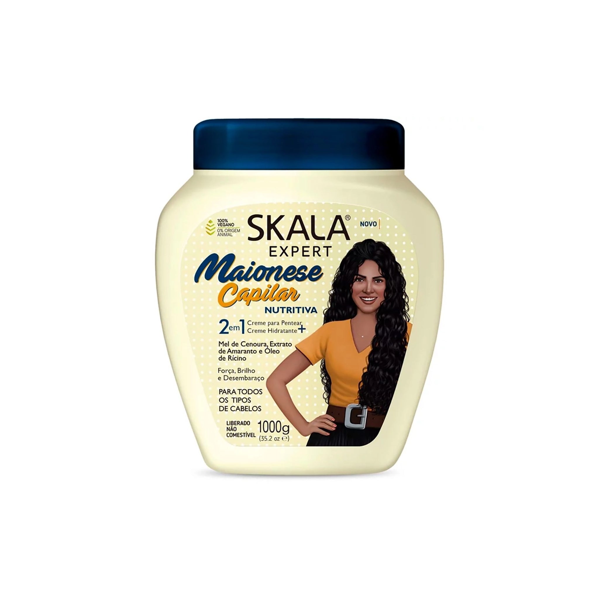 Skala Treatment Maionese Capilar 1000gr i cremefarvet bøtte med mørkeblåt låg og etiket med kvinde med krøllet hår.