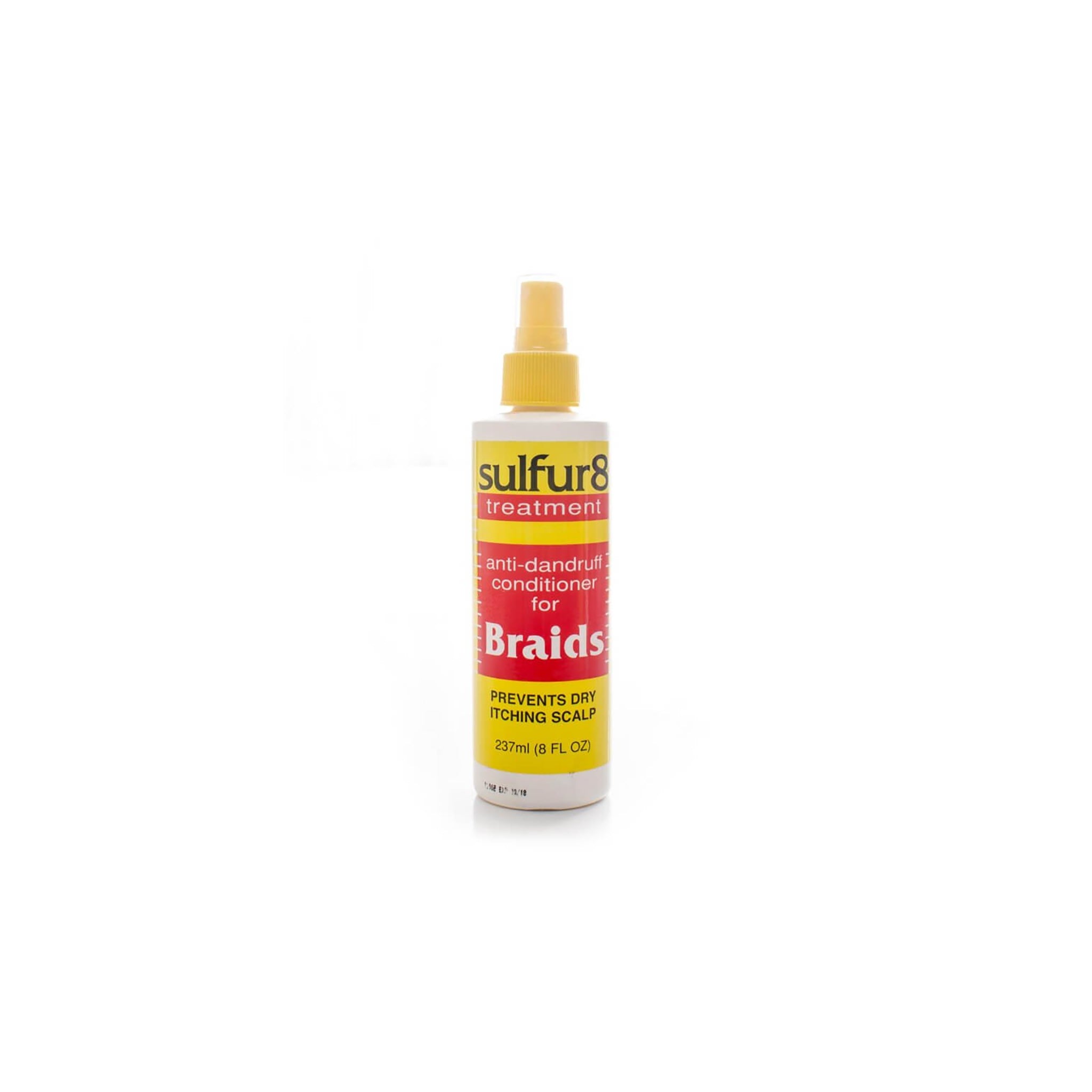 Sulfur8 Medicated Anti-Dandruff Conditioner, Skælbehandling til Fletninger (237 ml). Billedet viser forsiden af en flaske Sulfur8 Skælbehandling til Fletninger. Produktet er en medicinsk anti-skæl balsam, der forebygger tør og kløende hovedbund.