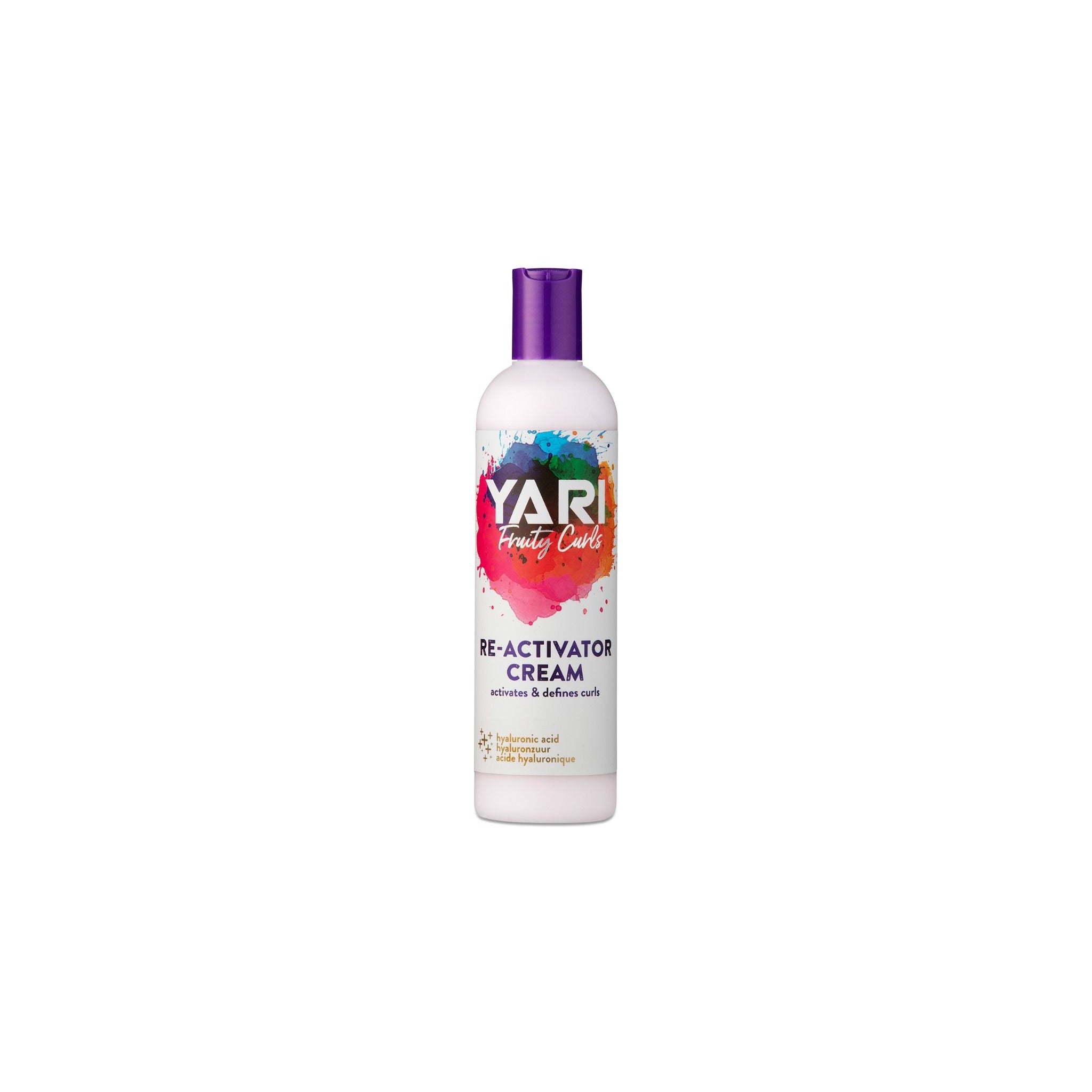 YARI Fruity Curls Re-Activator Cream (355 ml). Hvid flaske med lilla låg. Krøllecreme der aktiverer og definerer krøller, indeholder hyaluronsyre.
