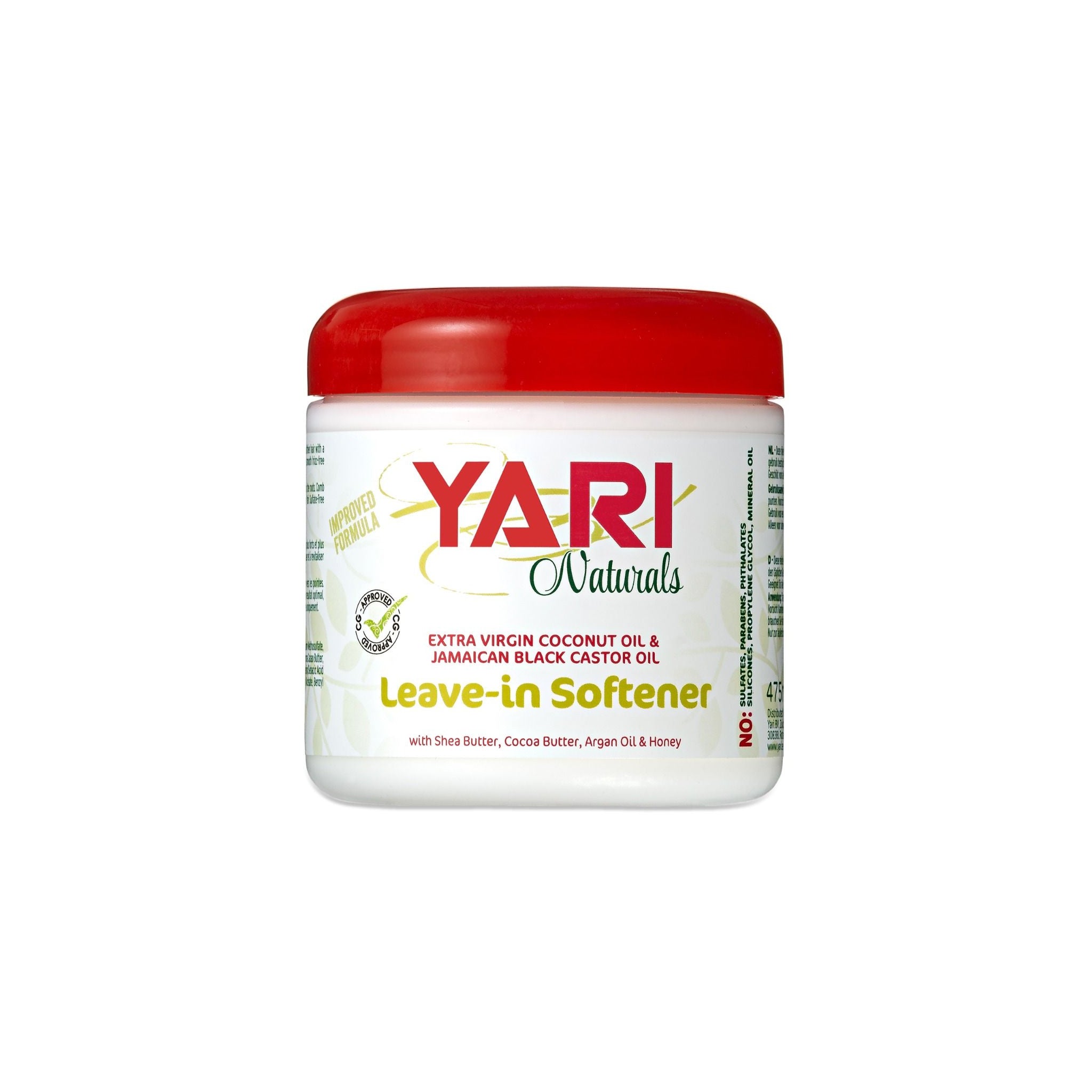 Yari Naturals Leave-in Softener (475 ml). Hvid dåse i plast med rødt låg. Indeholder kokosolie, jamaicansk sort ricinusolie, sheasmør, kakaosmør, arganolie og honning. Fri for sulfater, parabener, ftalater, silikoner, propylenglycol og mineralolie.