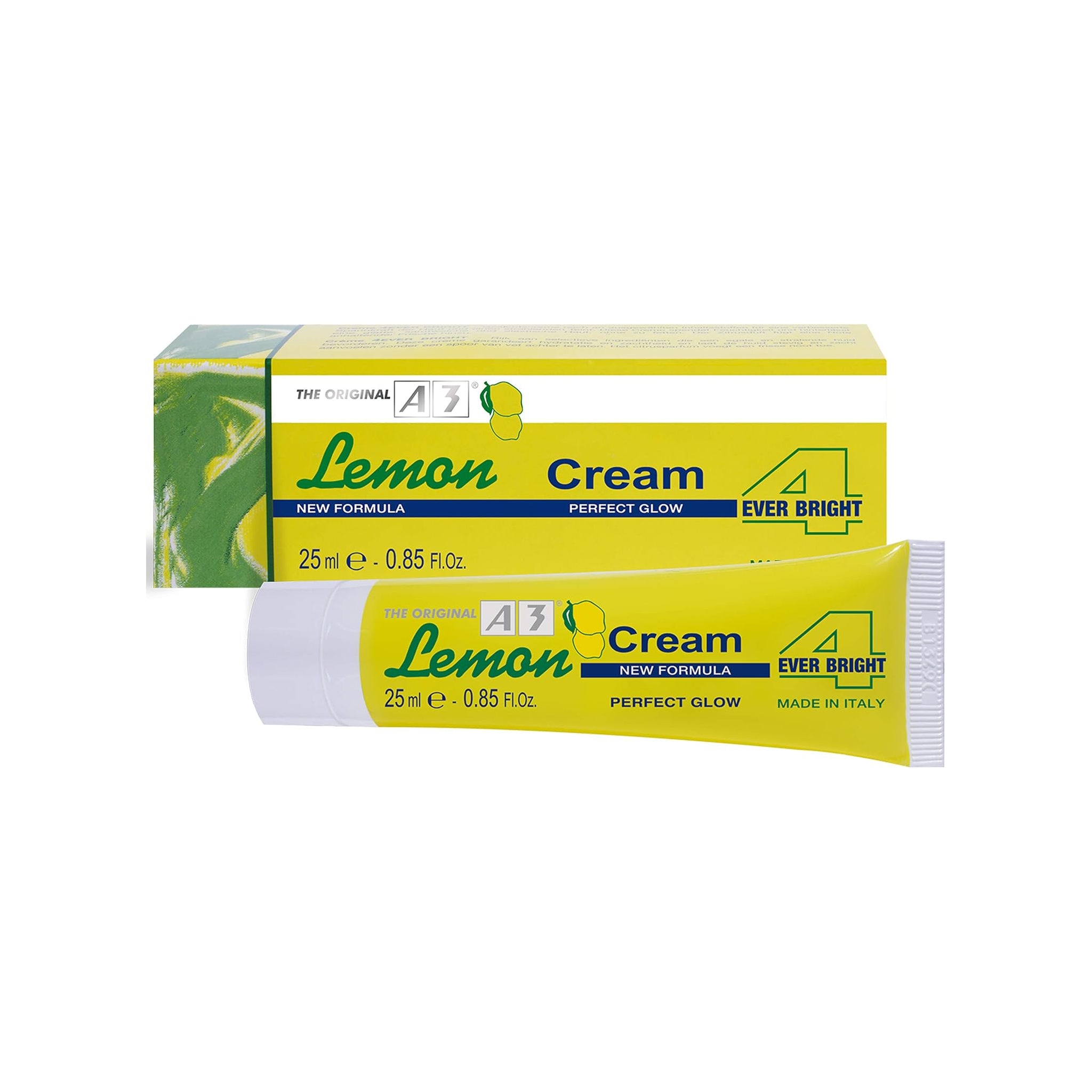 Lemon Cream A3 4 Ever Bright, gul tube og æske med grønne detaljer, 25 ml hudplejeprodukt til perfekt glød, ny formel.
