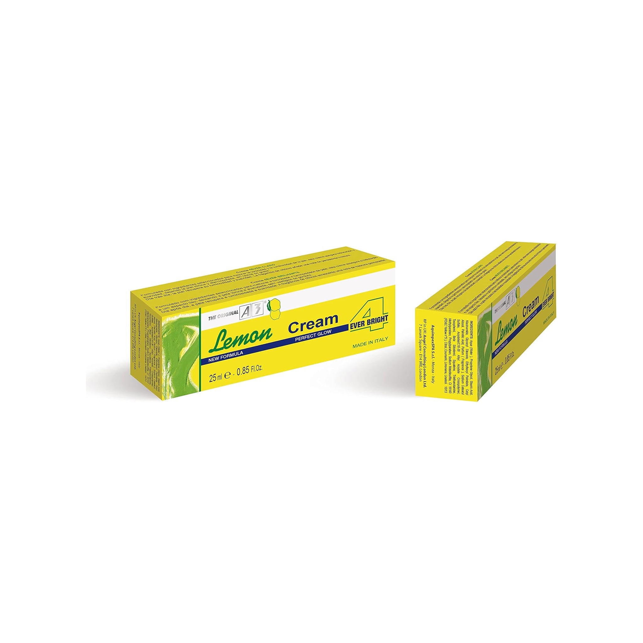 To gule Lemon Cream A3 4 Ever Bright æsker med grønne detaljer, 25 ml hudplejeprodukt til perfekt glød og ny formel.