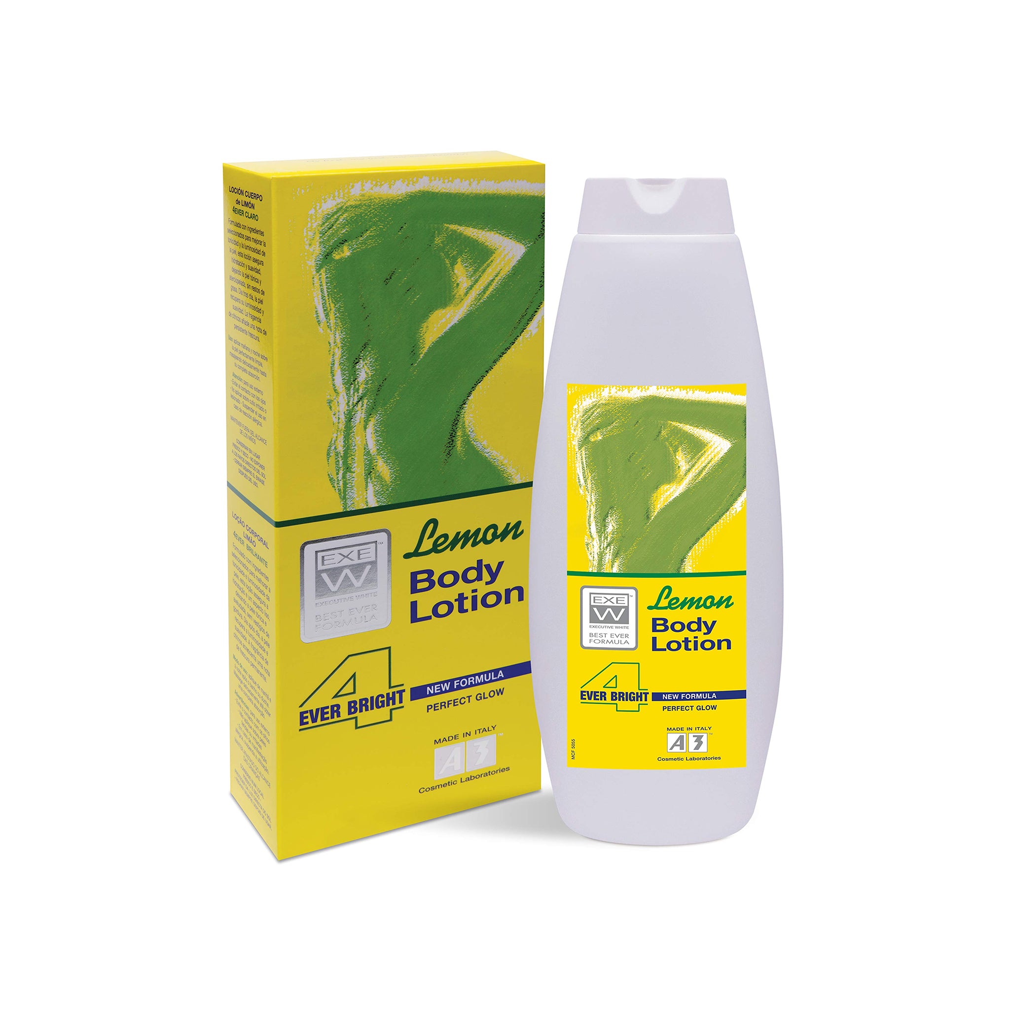 Lemon Body Lotion A3 4 Ever Bright, 400 ml hvid flaske og gul æske med grønne detaljer, ny formel for perfekt glød.