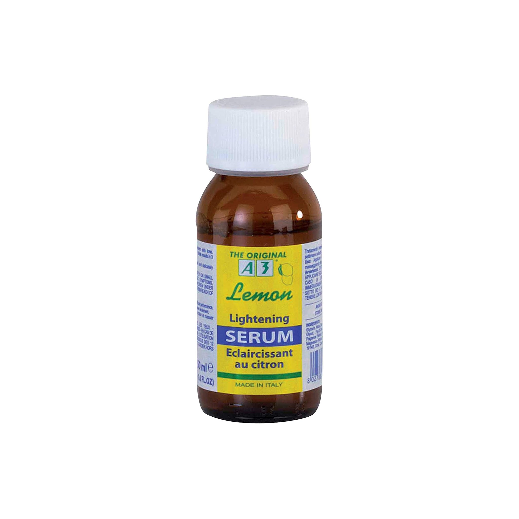A3 Lemon Lightening Serum 50ml flaske med gul væske og hvid etiket. Produktet er mærket 'The Original' og 'Made in Italy'. Flasken står på en hvid baggrund
