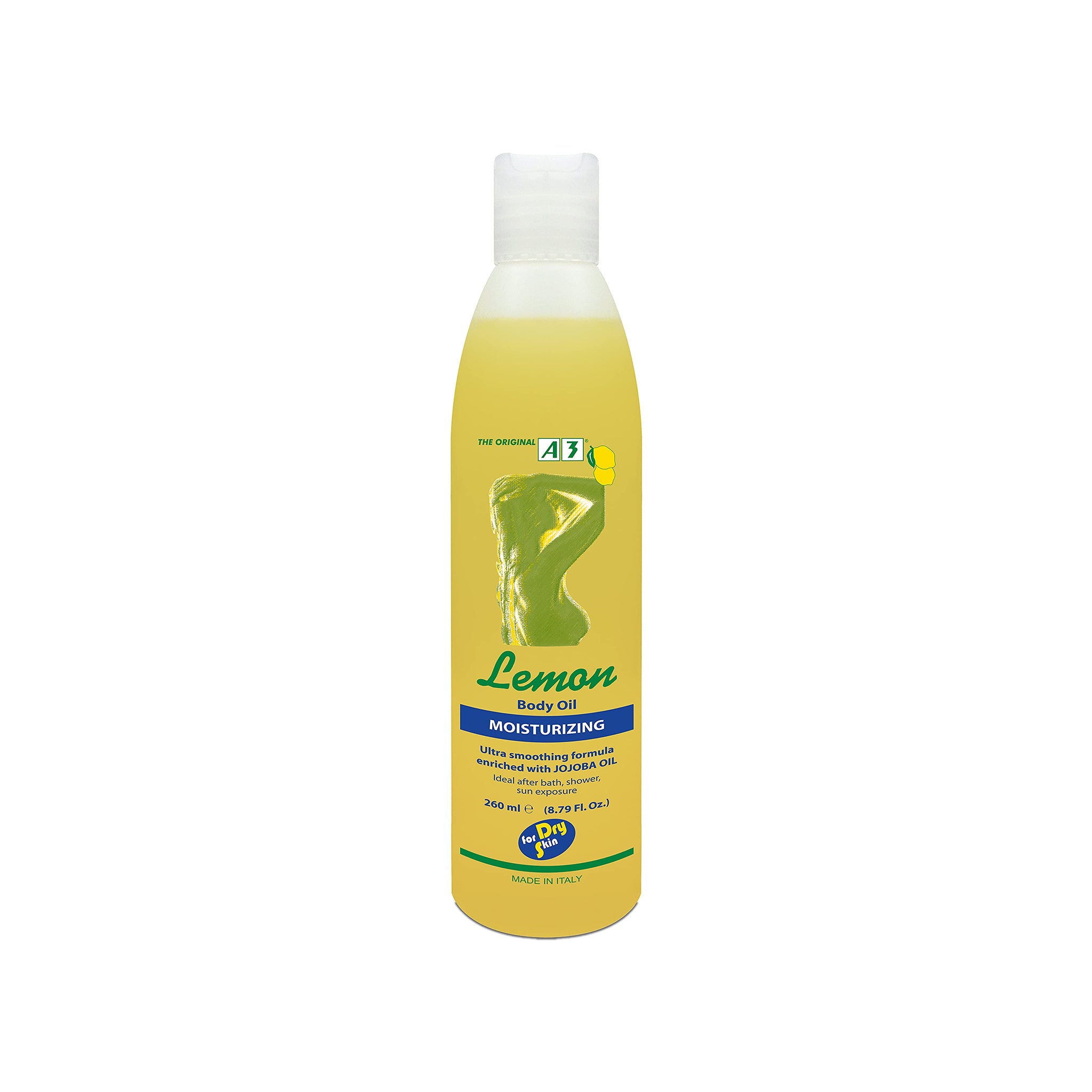 Flaske med A3 Lemon Moisturizing Body Oil. Produktet er placeret på en hvid baggrund. Flasken er gul og gennemsigtig. På flasken står der 'MOISTURIZING BODY OIL'.
