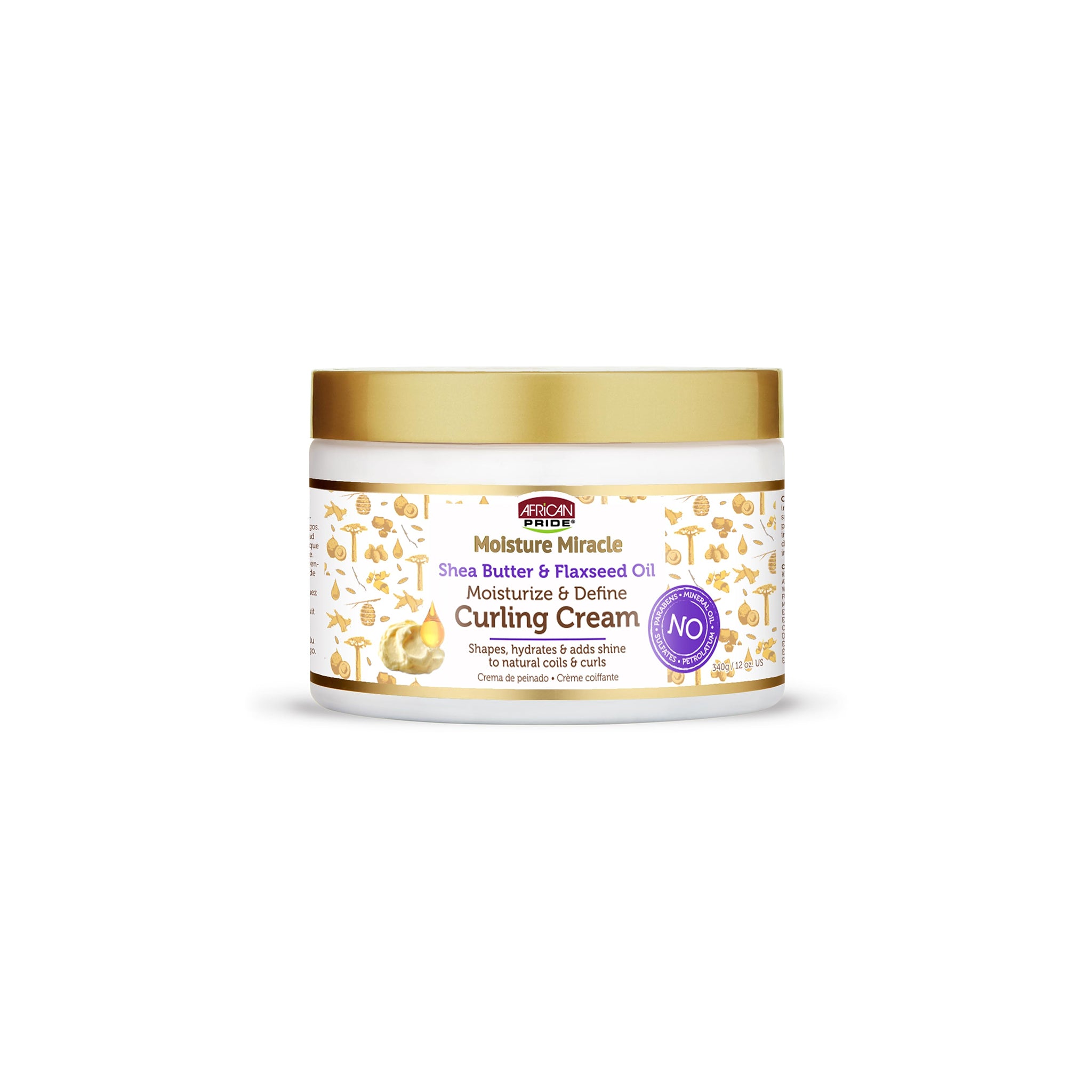 Jar med African Pride Moisture Miracle Curling Cream 340gr med guldfarvet låg og dekorativ etikette.