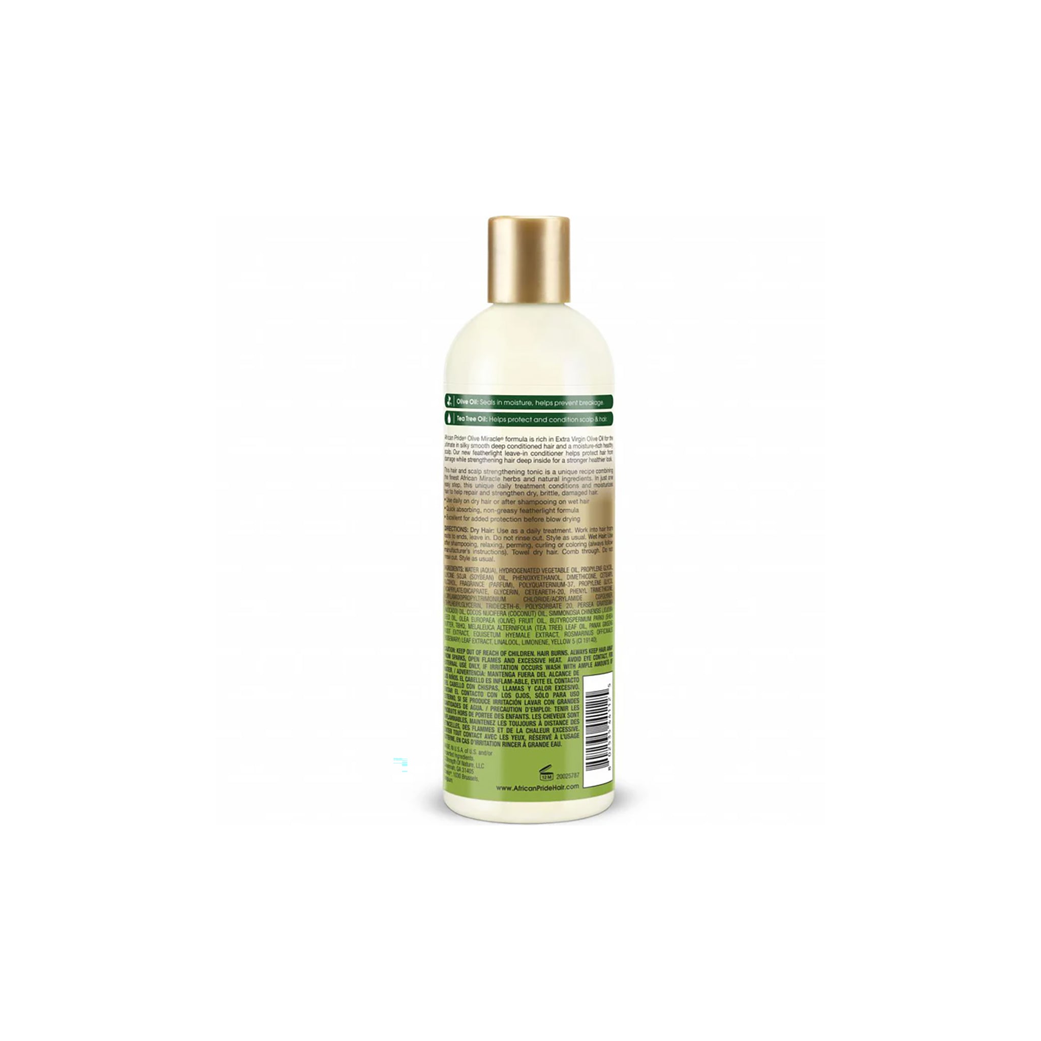 African Pride Olive Miracle Leave-In Conditioner, 355-ml-Flasche mit grüner Schrift und gültigem Verschluss auf weißem Hintergrund.