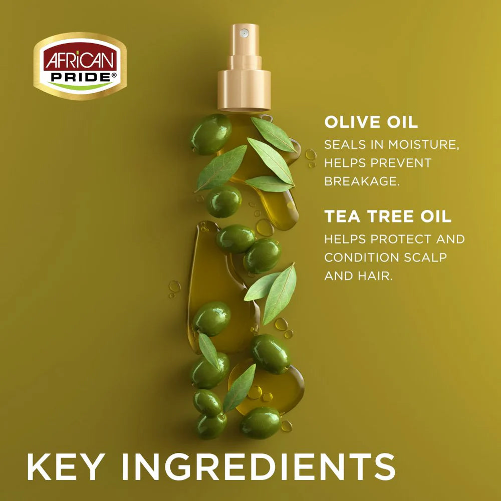 African Pride Olive Miracle Leave-In Conditioner 355ml, oils and leaves highlights the main ingredients olive and tea tree oil.
